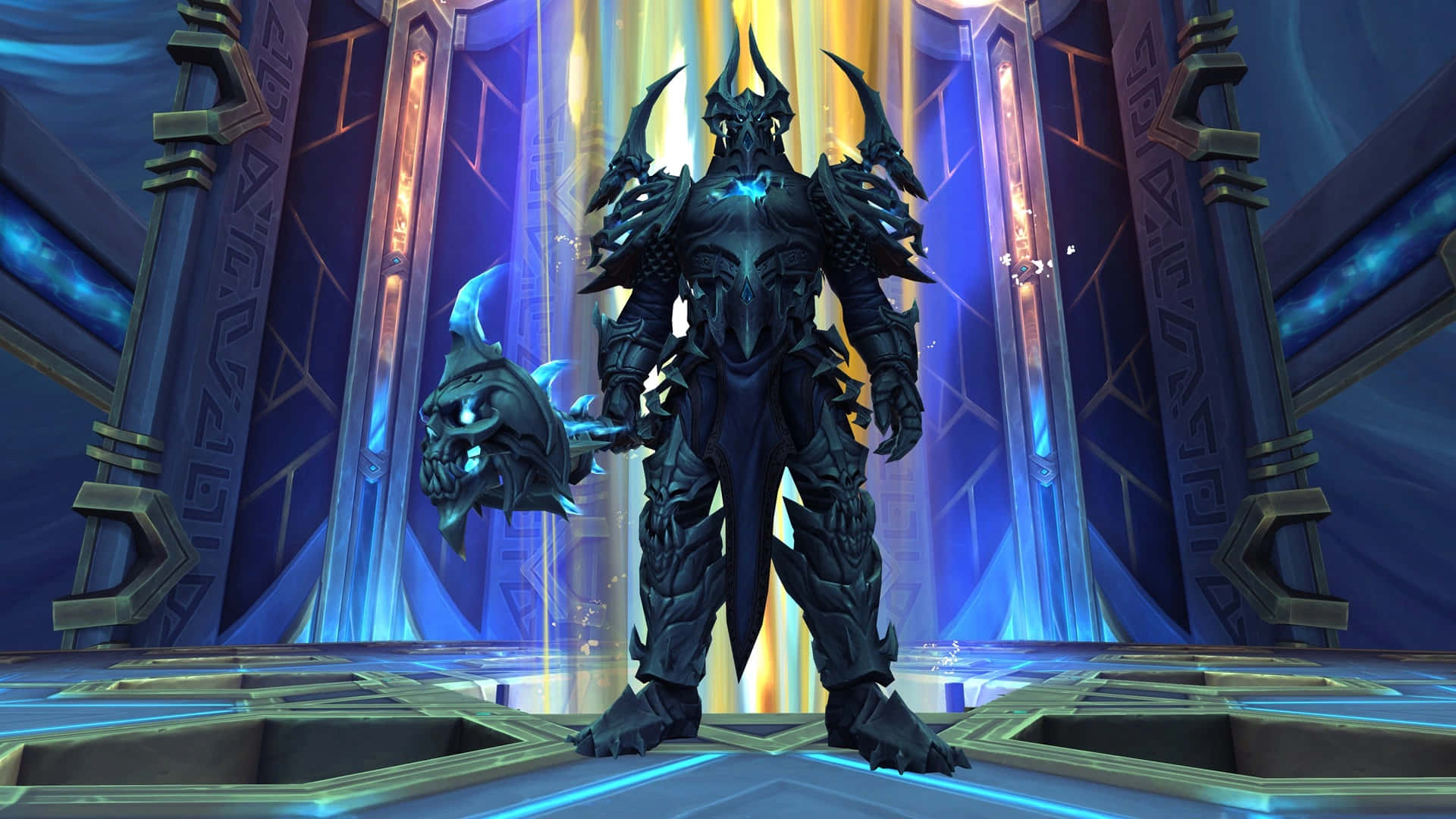 World Of Warcraft Races 桌布 壁紙 — 一個身穿暗黑盔甲的惡魔領主站在發光的藍金色王座廳中，手持骷髏頭武器。