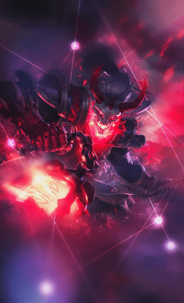 League Of Legends Phone 桌布 壁紙 — 一個身穿暗黑鎧甲的惡魔戰士，在宇宙紫色和紅色星雲背景下釋放出熾熱的紅色能量爆炸。