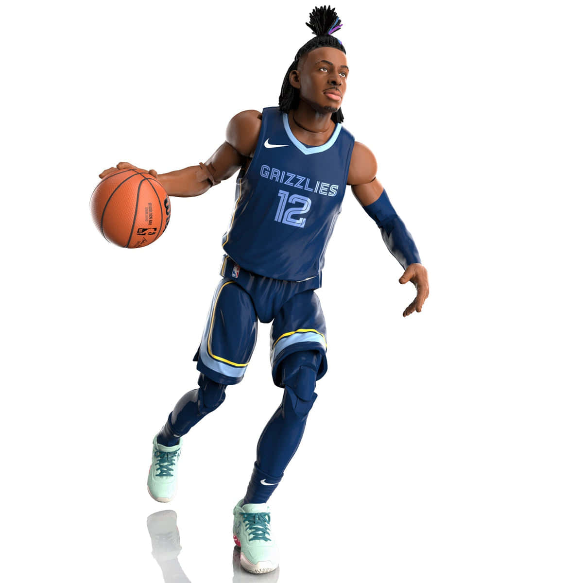 Ja Morant 動圖 桌布 壁紙 — 一個身穿曼菲斯灰熊隊球衣的3D渲染籃球運動員，在白色背景前運球。