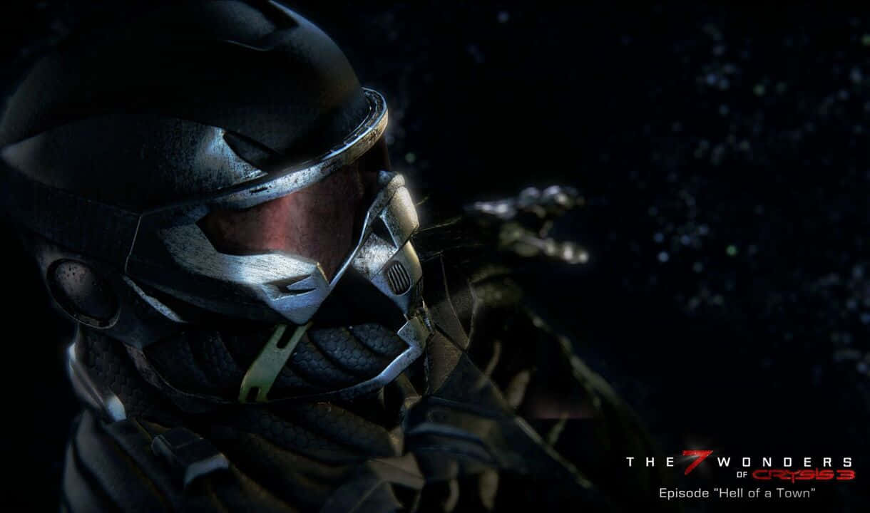 720p Crysis 3 桌布 壁紙 — 一個身穿未來風格頭盔的暗色裝甲人物，站在繁星點點的虛空中，手持帶有紅色發光裝飾的武器。