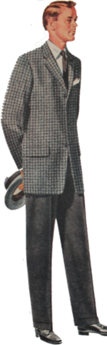 Mens Fashion 桌布 壁紙 — 一個身穿格紋西裝的復古插畫男子，側身站在純色背景前，手持一頂軟呢帽。