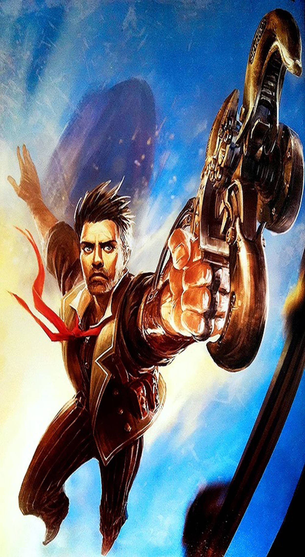 Bioshock Infinite iPhone 桌布 壁紙 — 一個身穿棕色外套、意志堅定的男人，在明亮的藍天下揮舞著一把大型機械武器，伴隨著動態的動作線條。