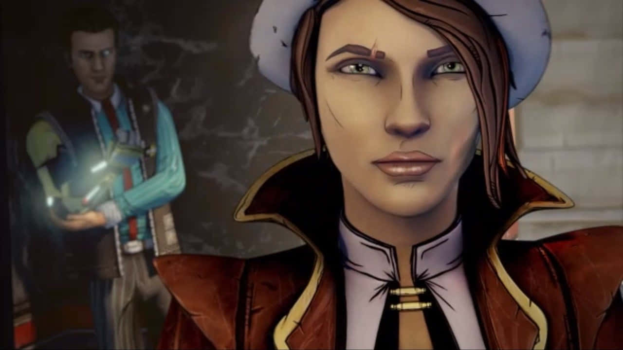 Borderlands Characters 桌布 壁紙 — 一個身穿棕色外套和白色帽子的角色特寫，背景中有另一個人物手持發光物體。