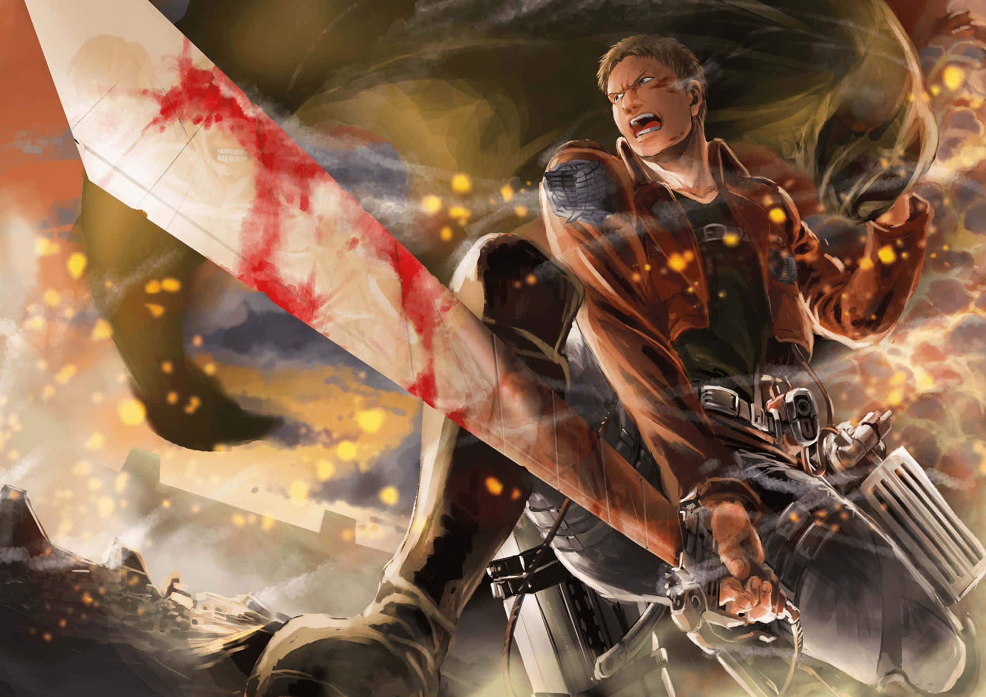 Reiner Braun 桌布 壁紙 — 一個身穿棕色外套的兇猛動漫戰士，在燃燒的碎片和煙霧中，用一把沾滿血的劍砍向一個巨大的巨人。