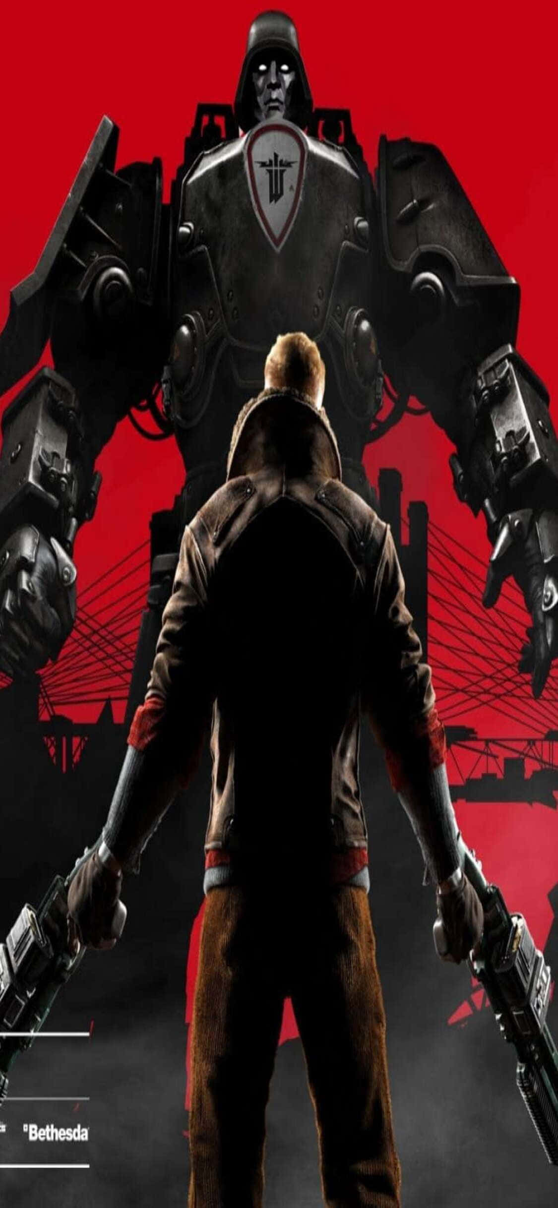 iPhone Xs Wolfenstein Ii 桌布 壁紙 — 一個身穿棕色外套的孤獨士兵背向鏡頭，手持槍械，面對一個高聳的黑色機甲，背景是鮮紅色。
