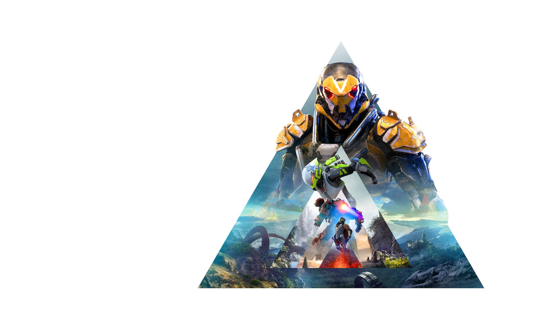 anthem 4K 桌布 壁紙 — 一個身穿橙色和藍色盔甲的未來戰士站在金字塔頂端，展現下方充滿活力的科幻景觀。