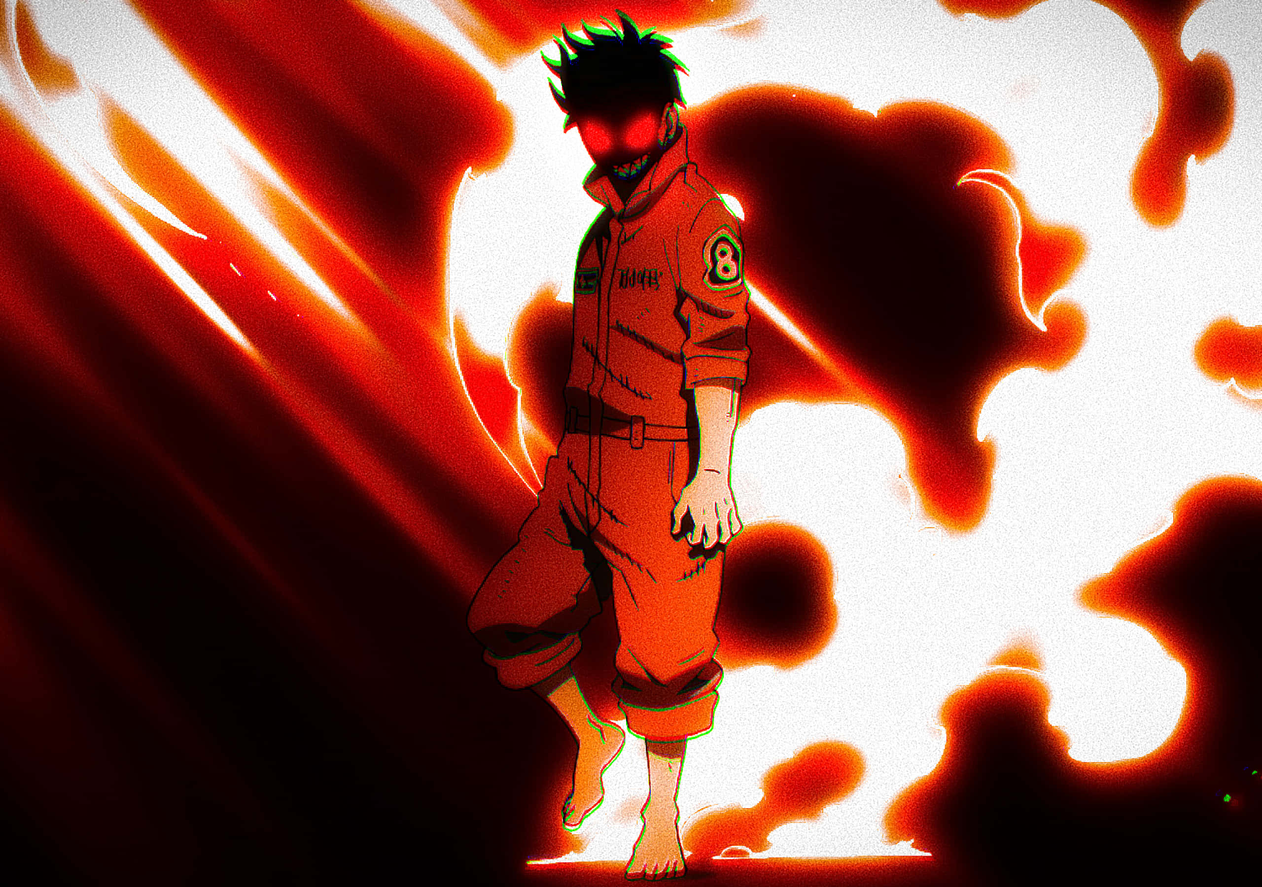 Fire Force Joker 桌布 壁紙 — 一個身穿橙色連身衣的動漫角色赤腳站在火紅與白色的能量爆發中，雙眼發出紅光。