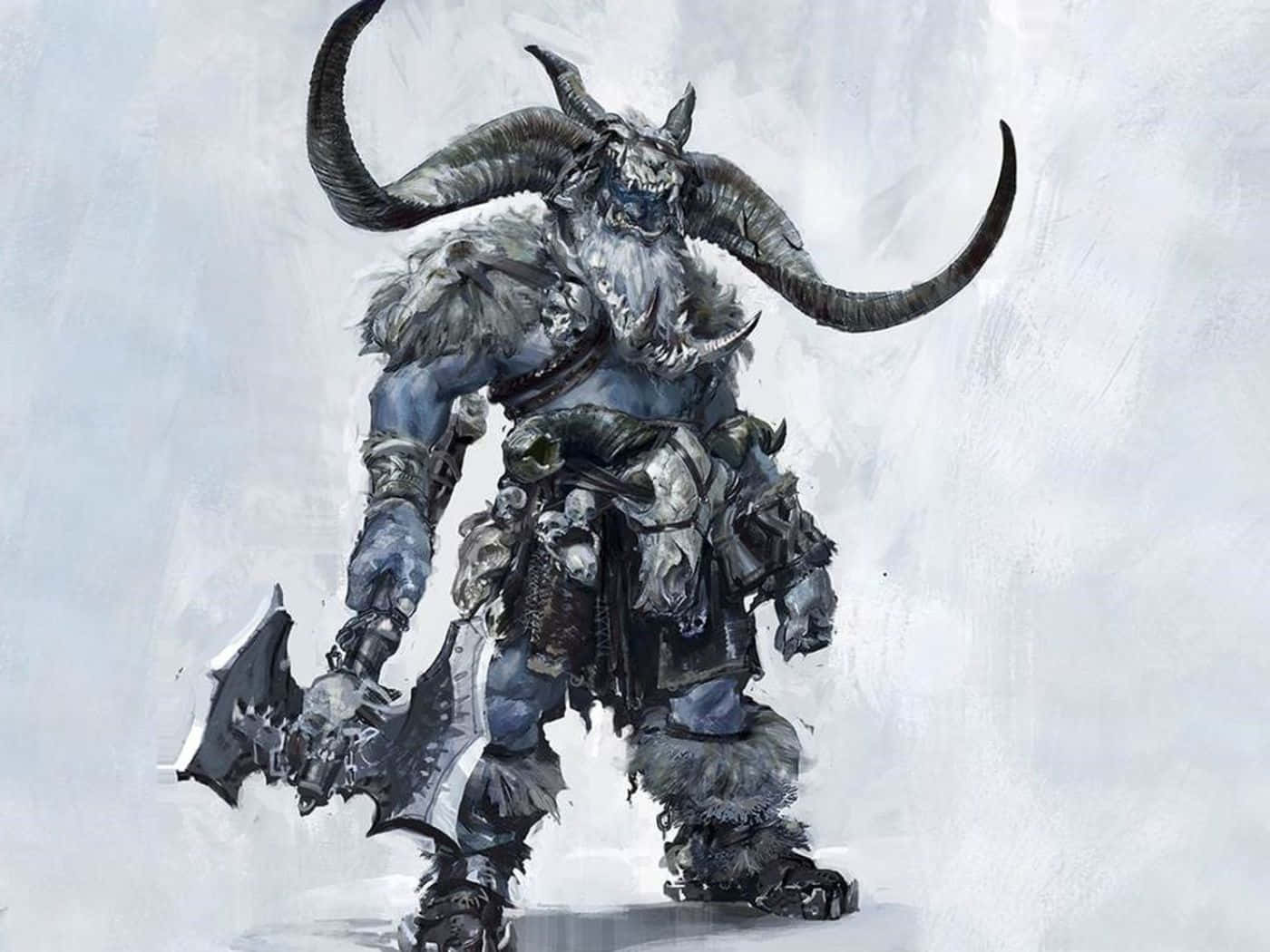 Dark Alliance 桌布 壁紙 — 一個身穿毛皮和盔甲、長著角的惡魔戰士，在單調的灰色背景下揮舞著帶刺的斧頭。