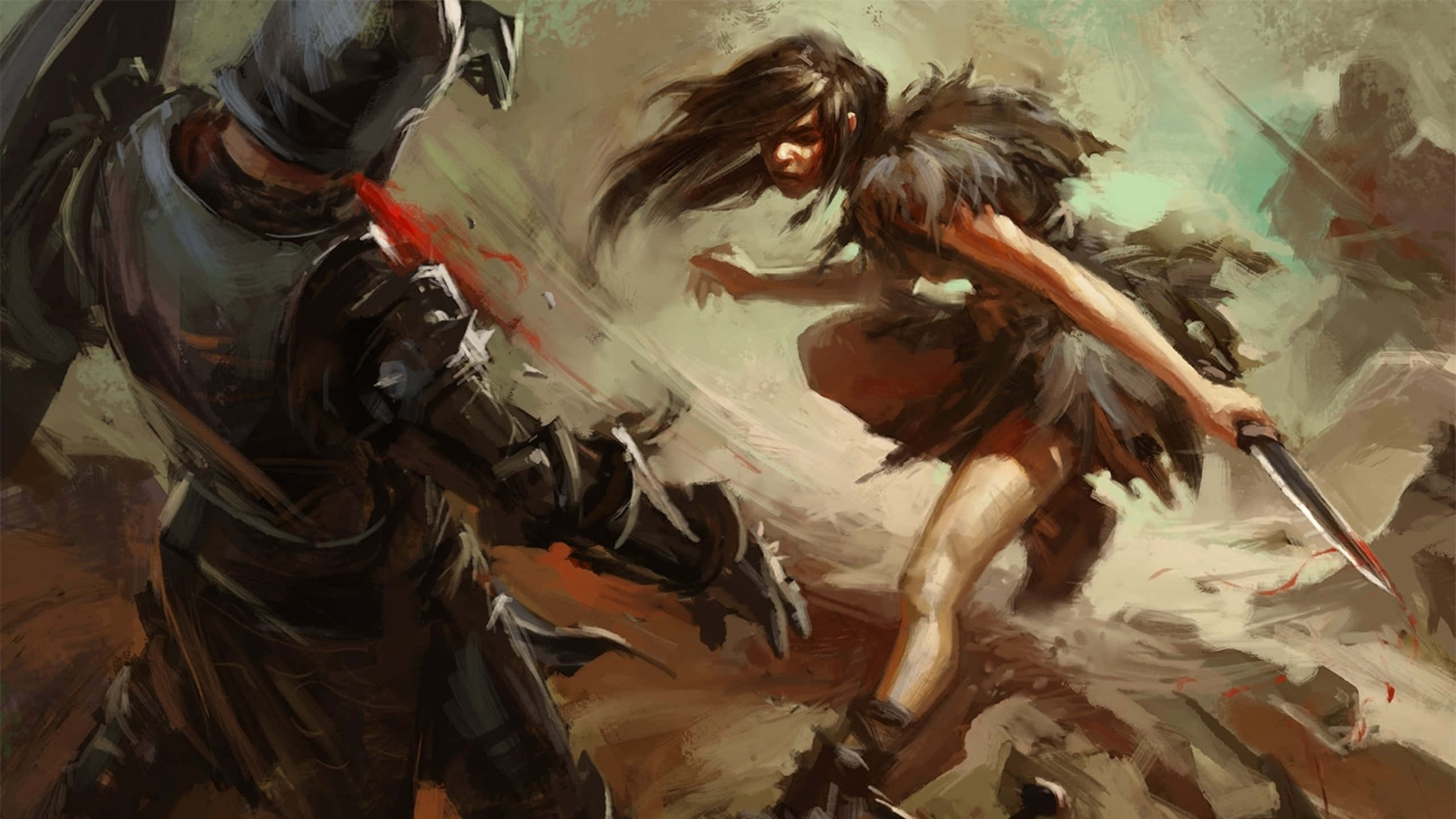 Fighting 桌布 壁紙 — 一個身穿毛皮盔甲的兇猛女戰士，在血花四濺的混亂戰鬥場景中揮砍一名裝甲騎士。