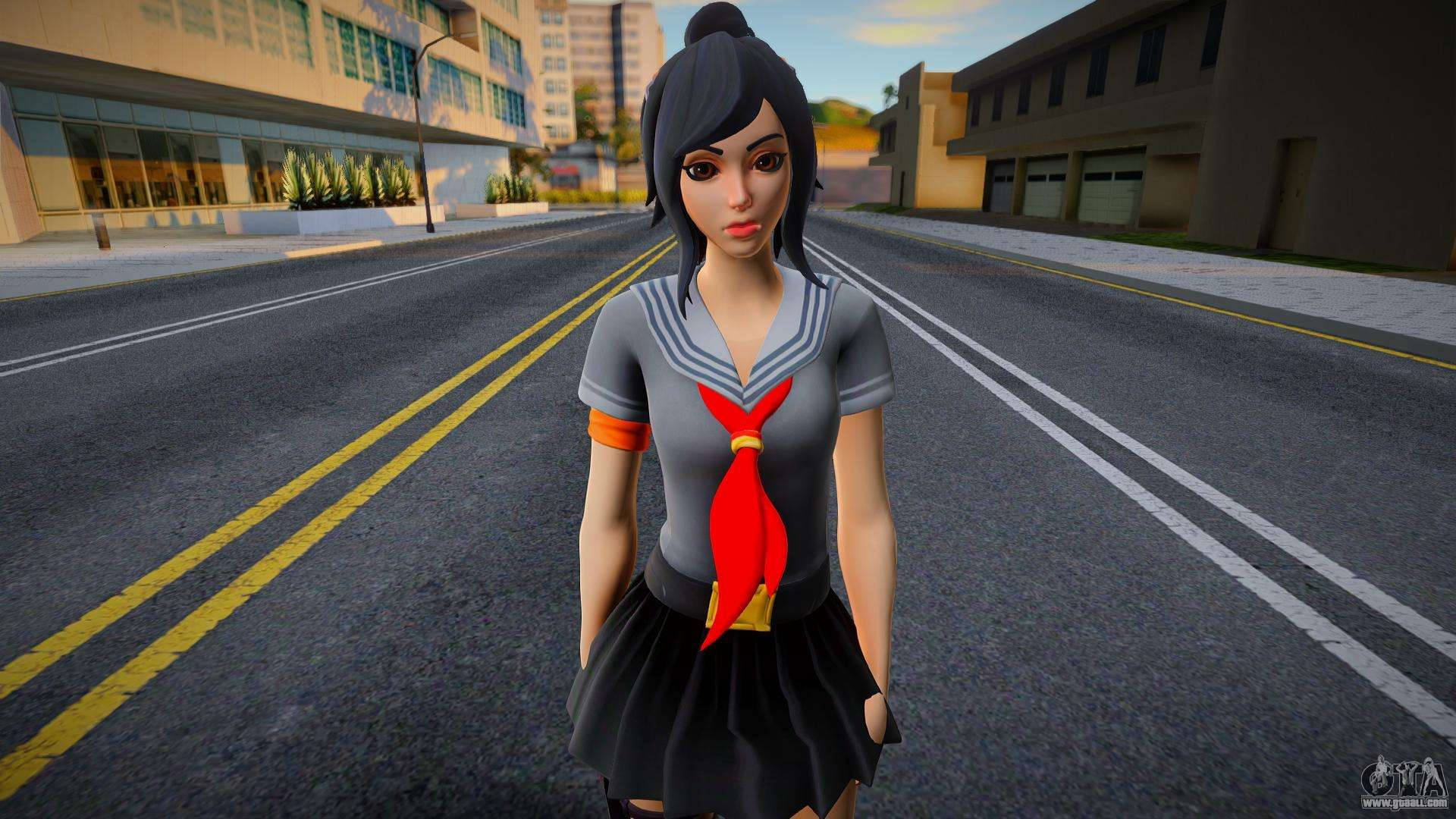 tsuki fortnite 桌布 壁紙 — 一個身穿水手服的3D渲染動畫女孩站在一條空蕩蕩的城市街道中央，街道兩旁有現代建築和黃色道路標線。