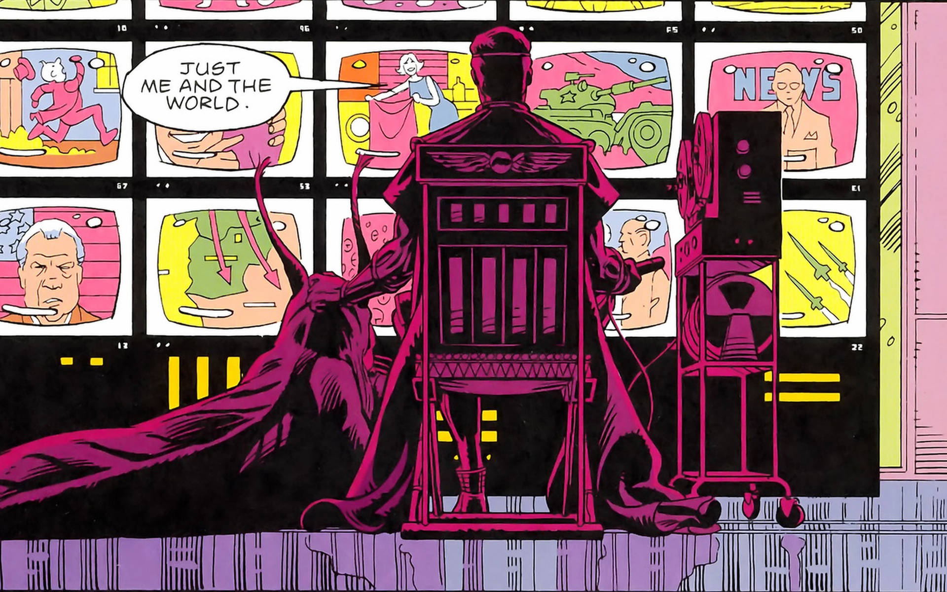 Watchmen 桌布 壁紙 — 一個身穿洋紅色長袍的人物坐在一面色彩繽紛的復古電視螢幕牆前，這些螢幕正在播放混亂的內容。