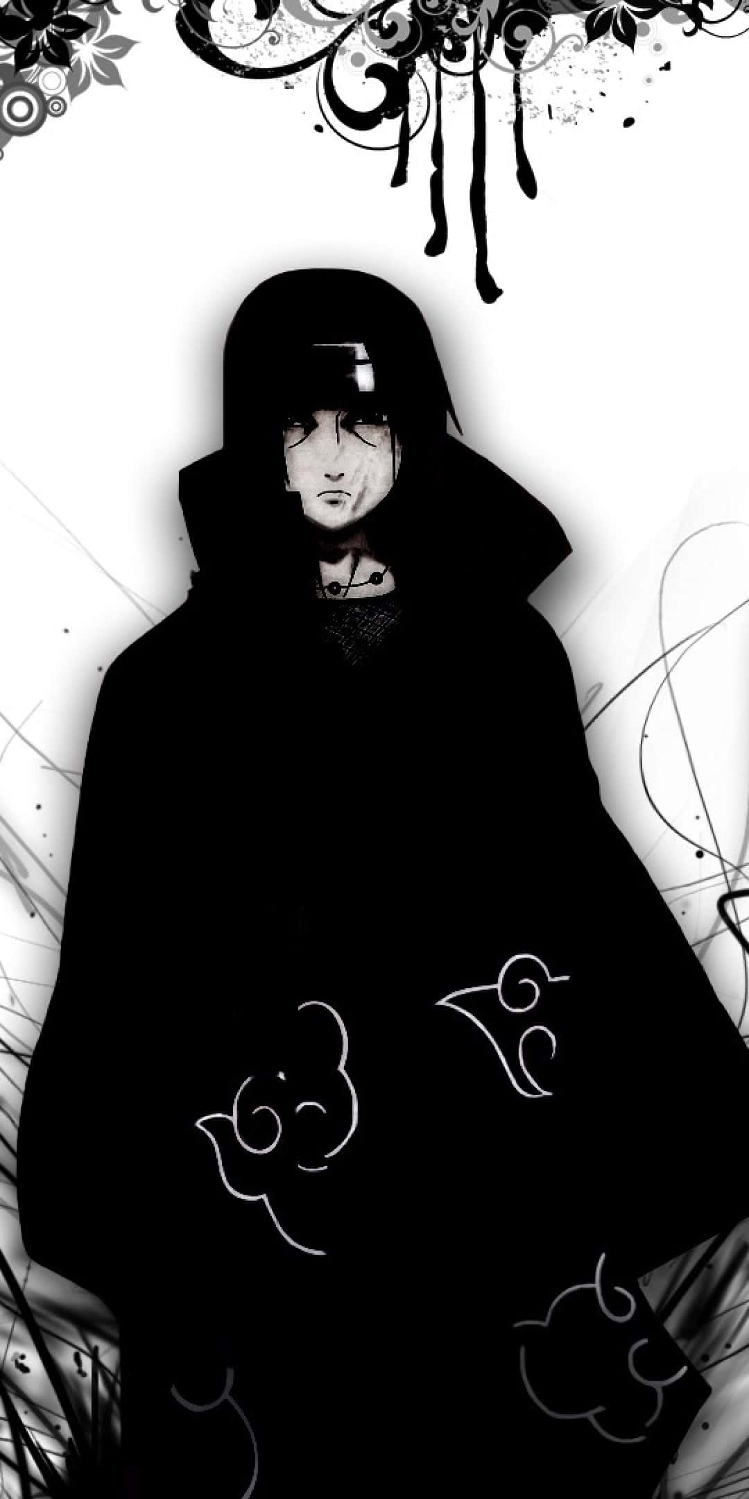 Naruto Black And White 桌布 壁紙 — 一個身穿深色斗篷、帶有白色雲朵符號的單色動漫角色，站在風格化的黑白背景前。