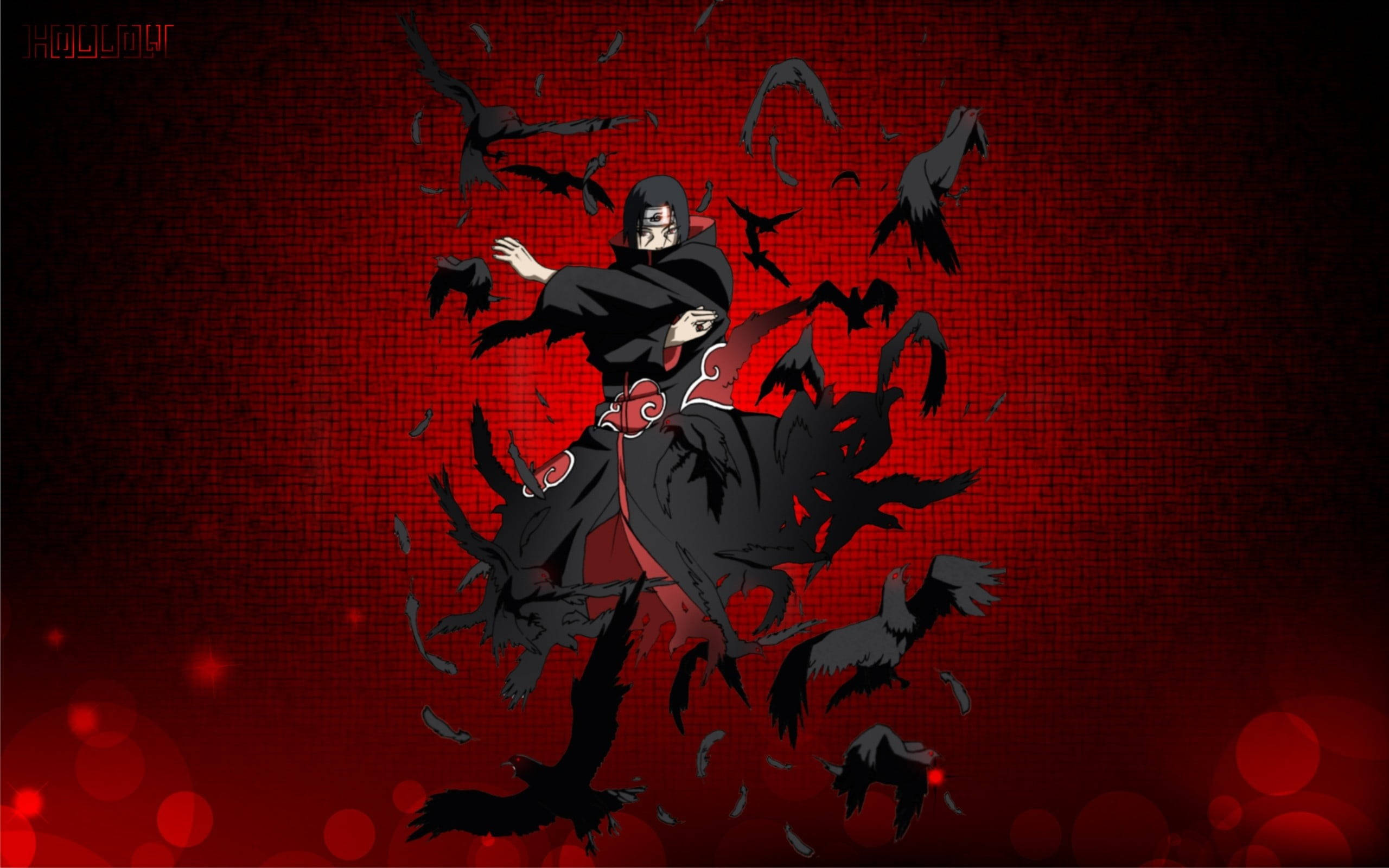 Itachi Cool 桌布 壁紙 — 一個身穿深色斗篷的動漫人物，被黑色烏鴉包圍，背景是帶有紋理的紅色背景，並有發光的散景燈光。
