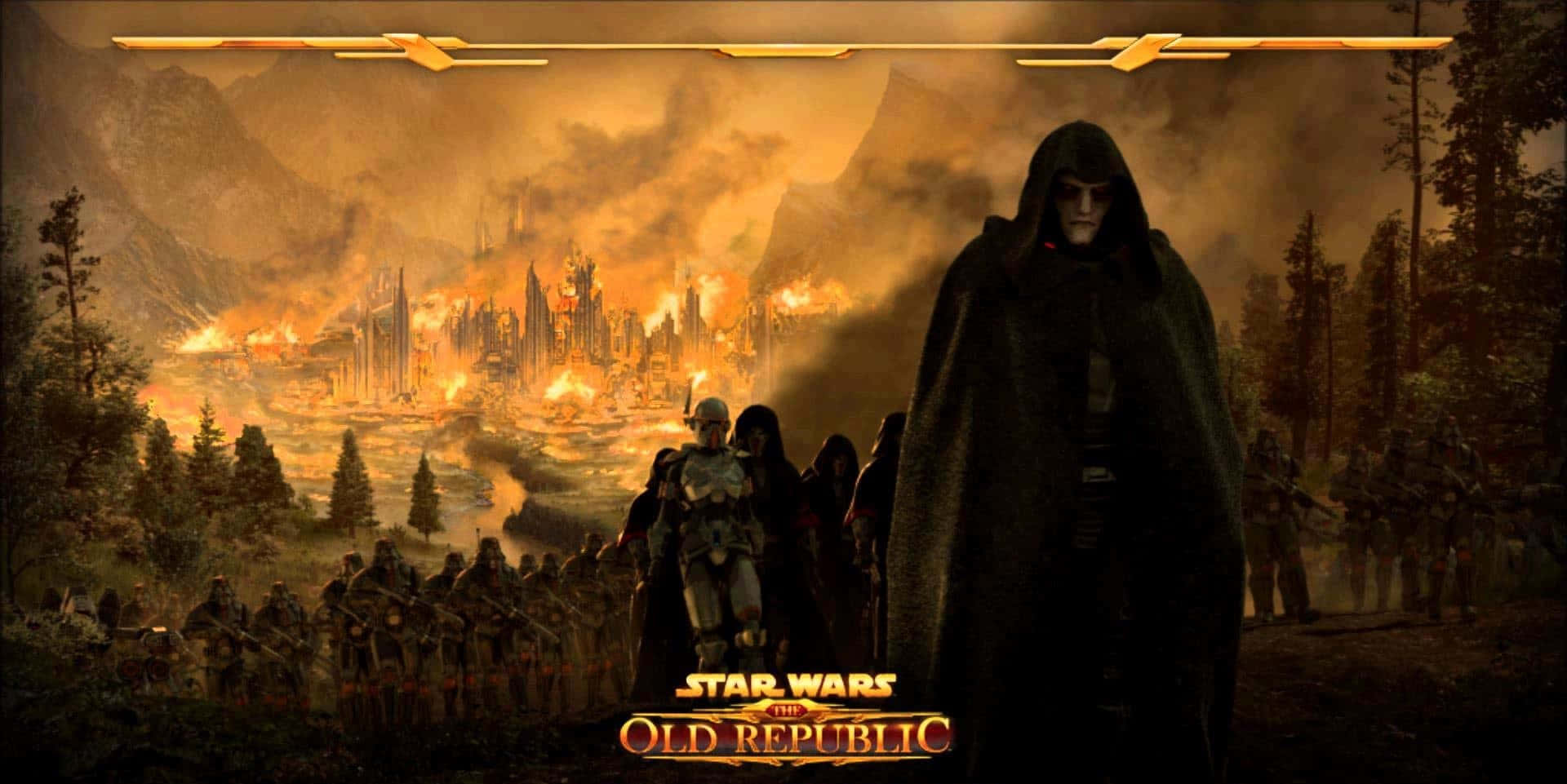 Sith Lord 桌布 壁紙 — 一個身穿深色斗篷的身影站在燃燒的未來城市景觀前，士兵們身處森林山谷中，天空燃燒著火焰。