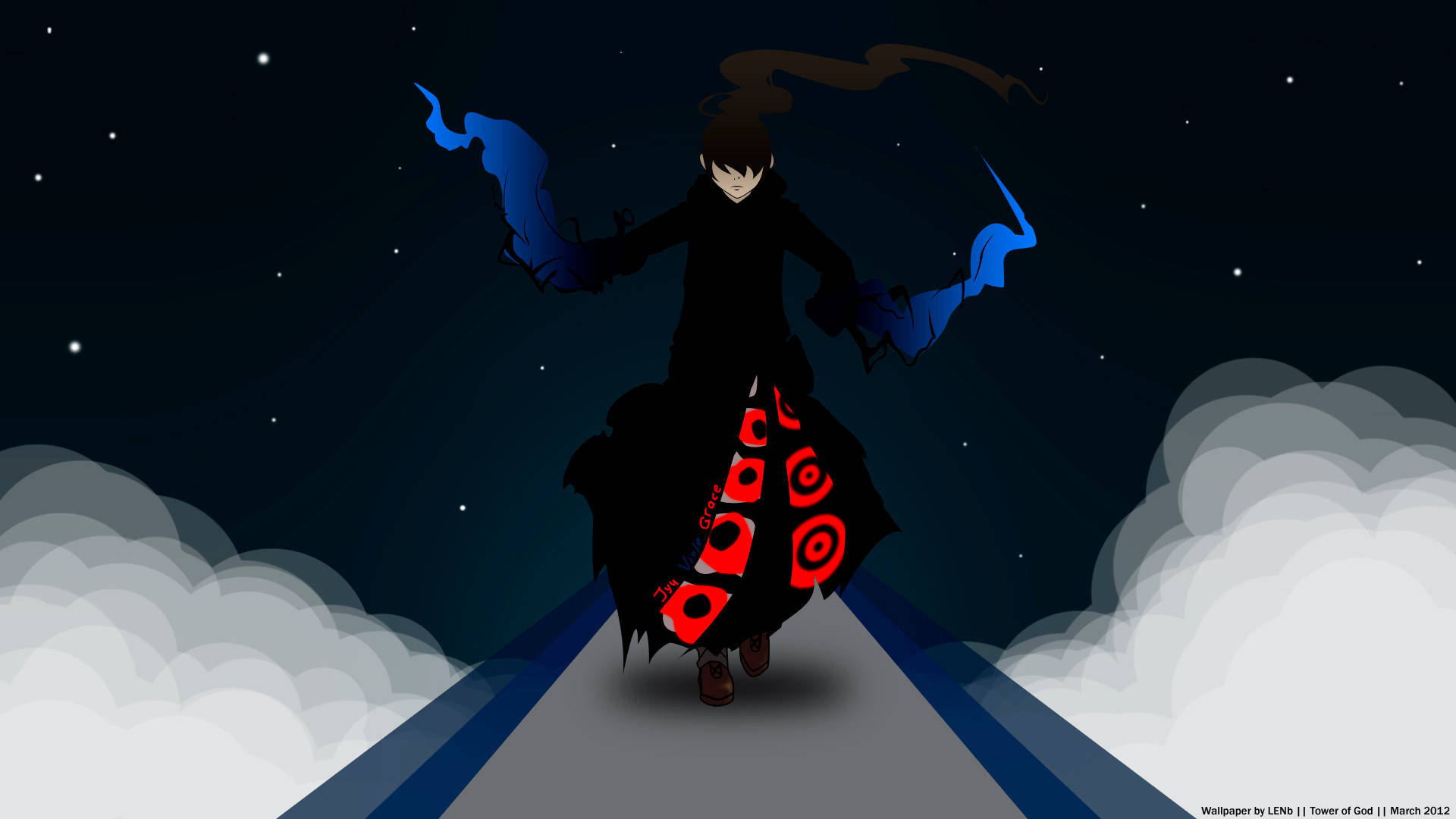 Tower Of God 桌布 壁紙 — 一個身穿深色服裝的動漫角色，斗篷上有紅色圓形圖案，站在星夜下雲層之間的發光小徑上。