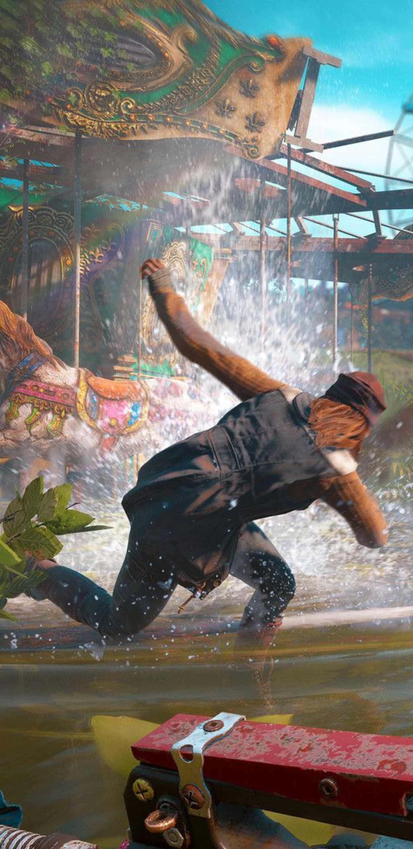Android Far Cry New Dawn 桌布 壁紙 — 一個身穿深色服裝的角色在一個破舊華麗的旋轉木馬下跳過飛濺的水花，場景充滿活力且陽光普照。