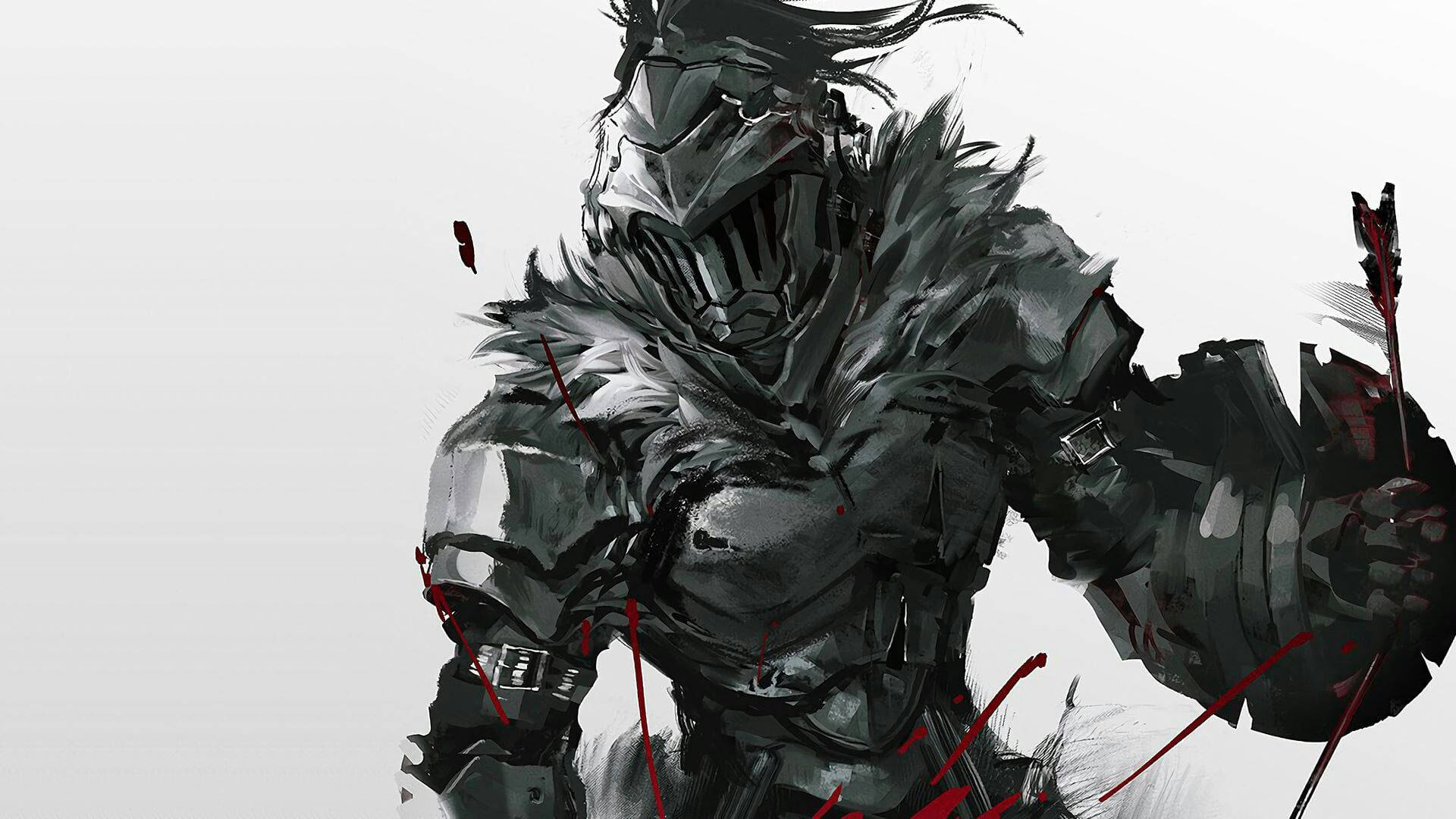Goblin Slayer 桌布 壁紙 — 一個身穿深色盔甲、戴著頭盔和毛領的戰士，站在白色背景前，背景上有紅色血跡和箭矢。
