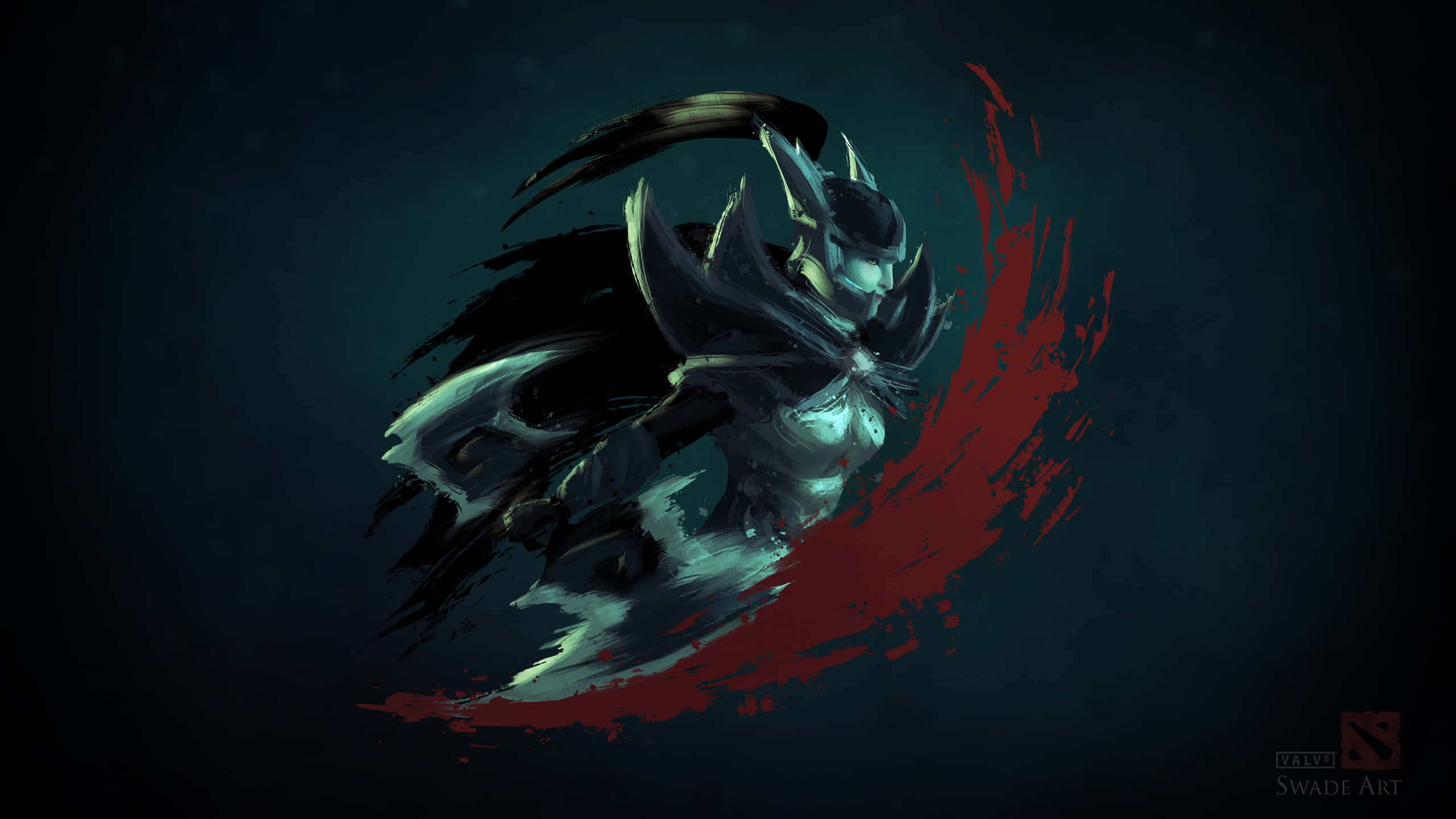 dota 2 4K 桌布 壁紙 — 一個身穿深色盔甲、披風飄逸、眼睛發光的戰士，在深藍綠色背景上劃過一道紅色油漆筆觸。