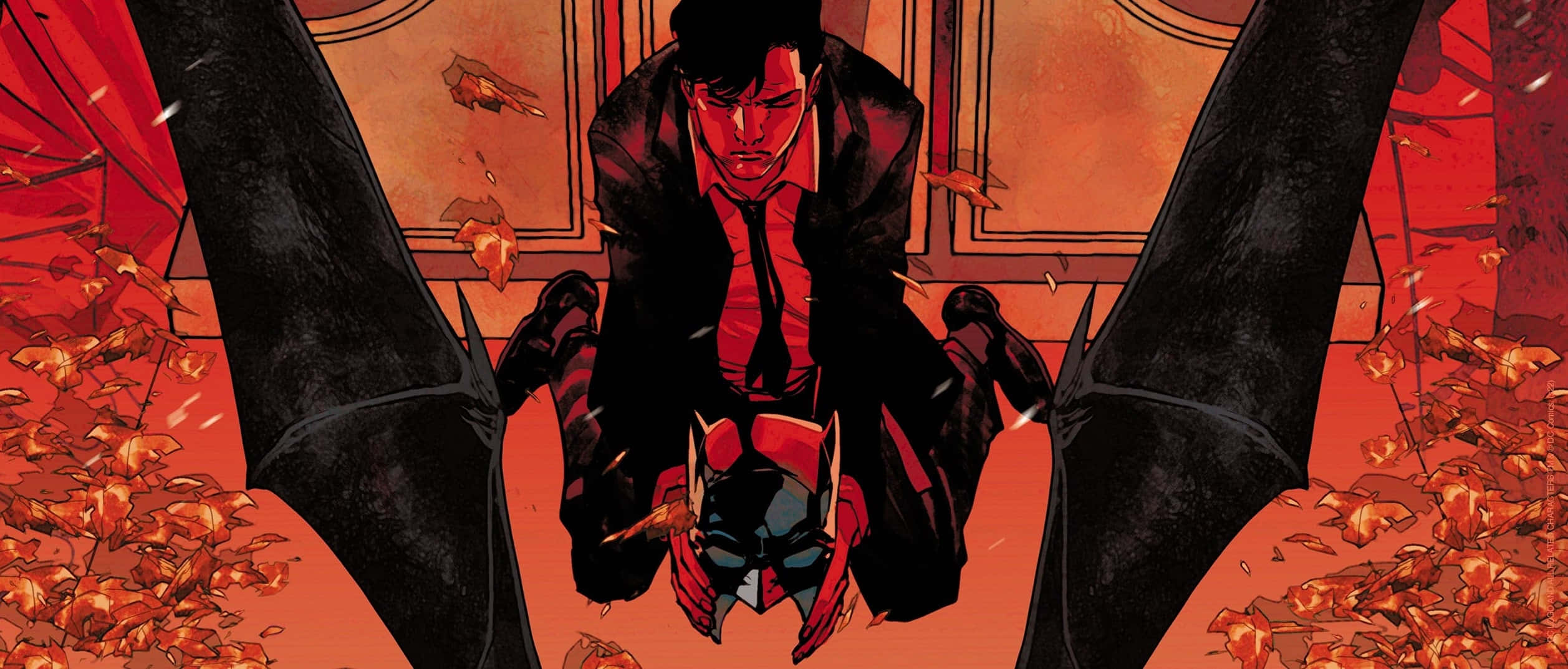 The League Of Assassins 桌布 壁紙 — 一個身穿深色衣服、擁有蝙蝠翅膀的身影，在火紅的環境中，飄浮在一個倒下的蒙面英雄上方，周圍是飄落的秋葉。