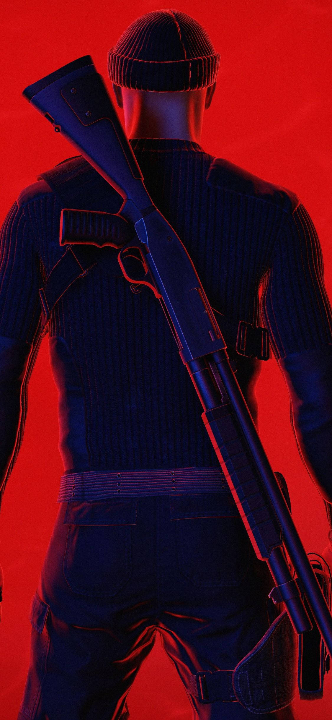 hitman iPhone 桌布 壁紙 — 一個身穿深色衣服和毛帽的人物，在鮮紅色背景下將獵槍扛在肩上。