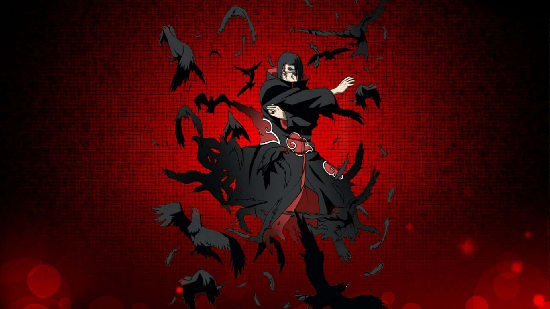 Genjutsu 桌布 壁紙 — 一個身穿深色衣服的動漫忍者，被黑色烏鴉包圍，背景是帶有紋理的紅色背景和發光的散景燈光。