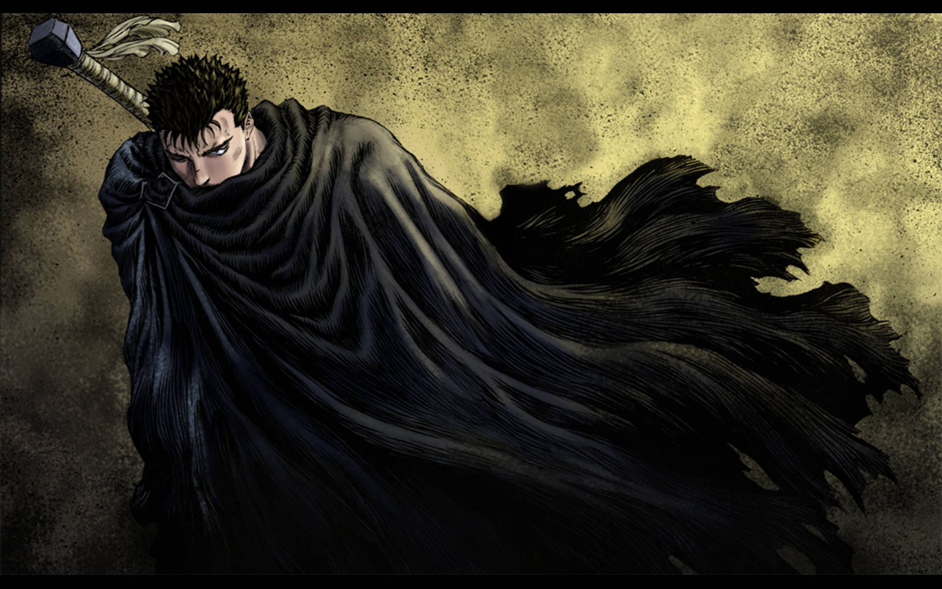 Berserk Guts 桌布 壁紙 — 一個身穿深色衣服的戰士，有著尖刺的頭髮和飄逸的斗篷，在粗糙的黃棕色背景下握著一把錘子。