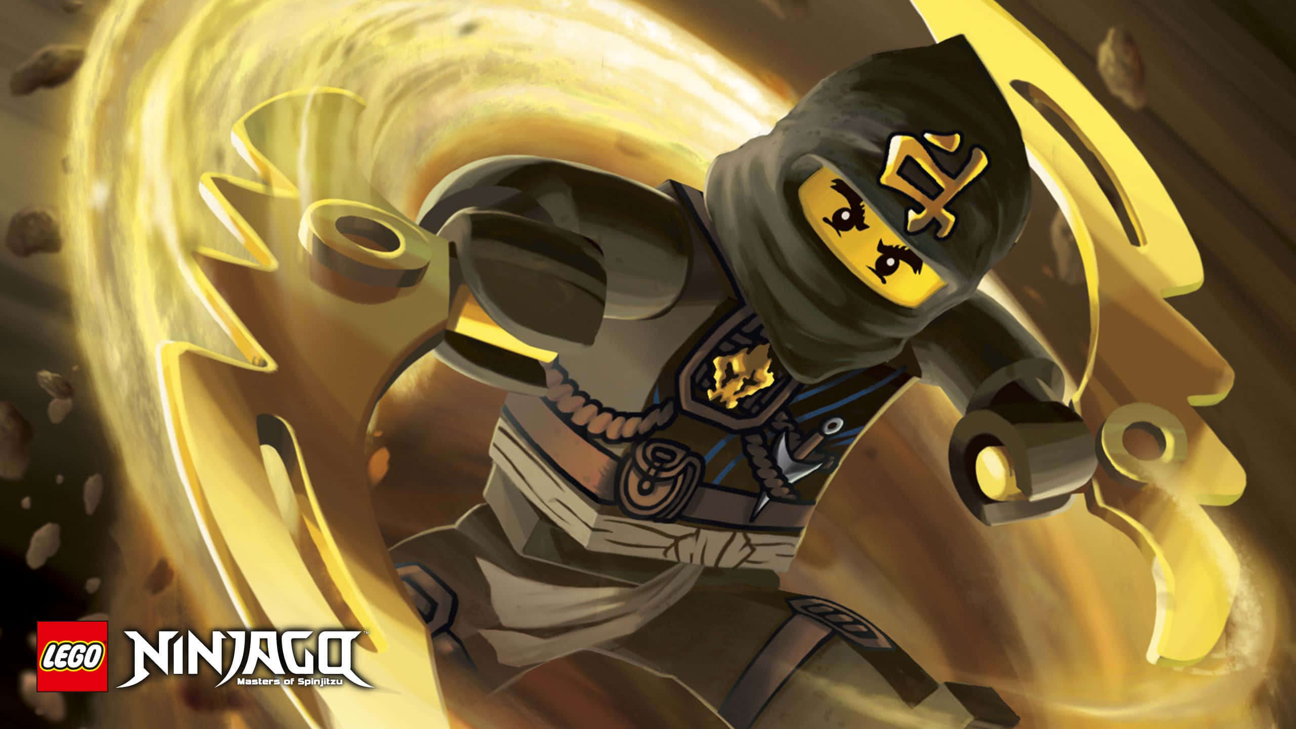 Ninjago 桌布 壁紙 — 一個身穿深色裝備的LEGO旋風忍者忍者，在旋轉的能量和漂浮的碎片中揮舞著金色武器。