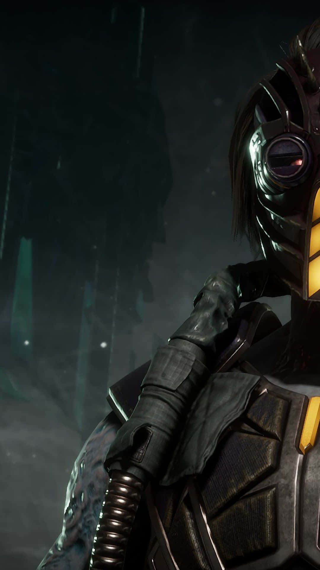 Mortal Kombat Kabal 桌布 壁紙 — 一個身穿深色裝甲、帶有發光黃色點綴的賽博龐克戰士，夜晚站在一條下雨的霓虹燈小巷中。
