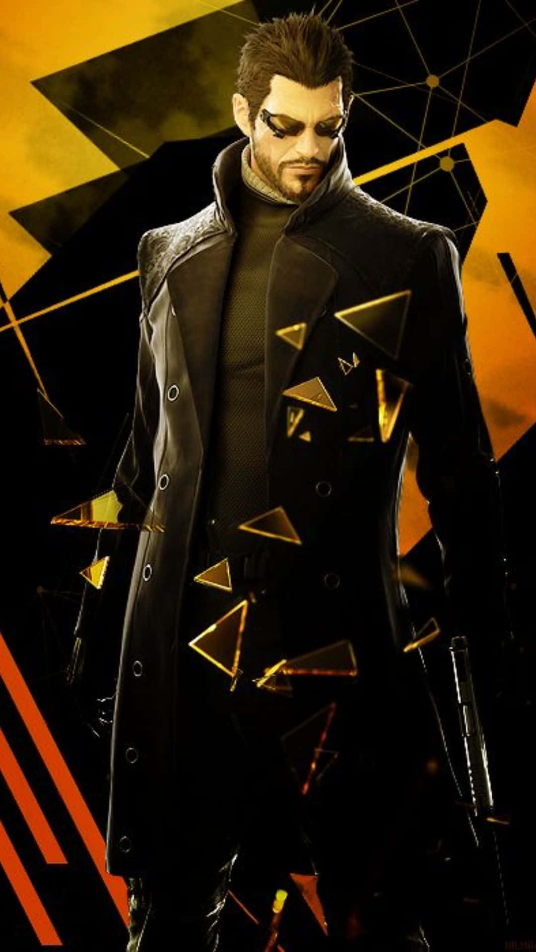 Android Deus Ex Mankind Divided 桌布 壁紙 — 一個身穿深色西裝、戴著太陽眼鏡和鬍鬚的男人站在一個帶有浮動三角形的幾何金色和黑色背景前。