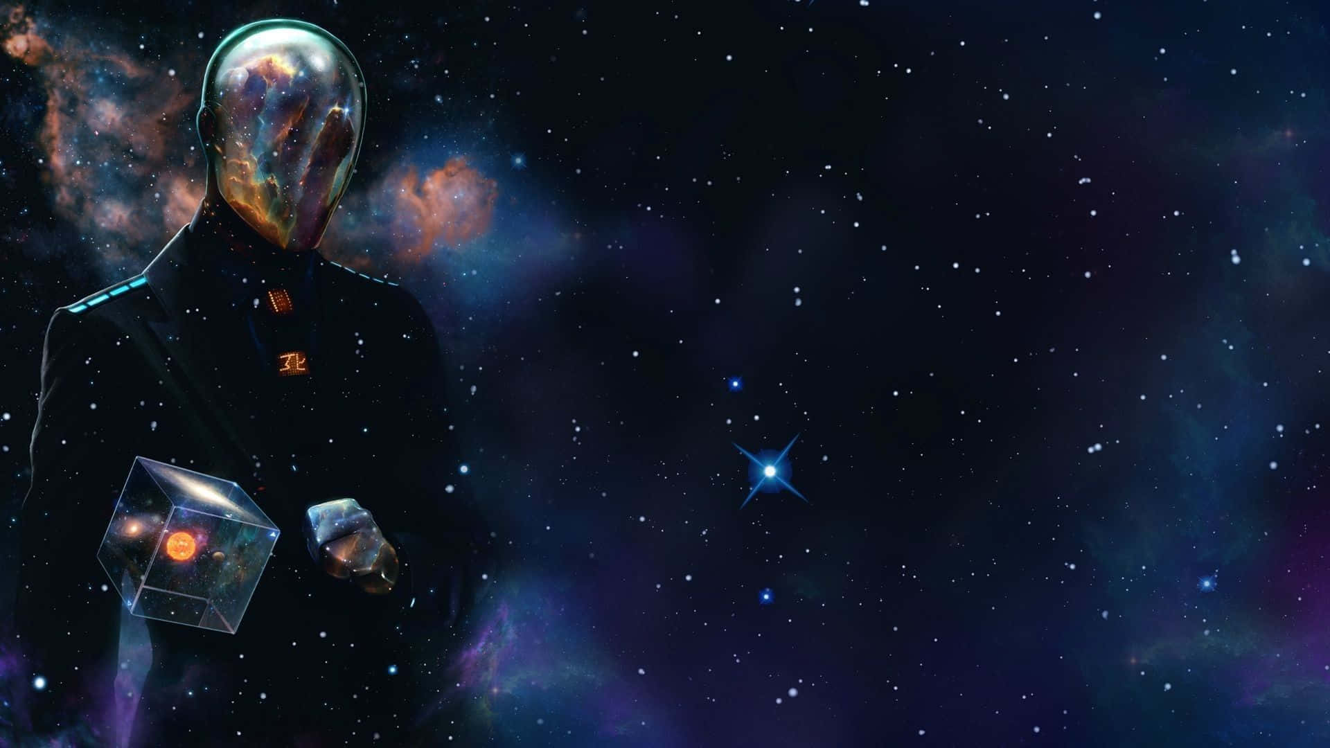 外太空 桌布 壁紙 — 一個身穿深色西裝的無臉宇宙人物，手持發光立方體，背景是充滿活力的星雲和星場。