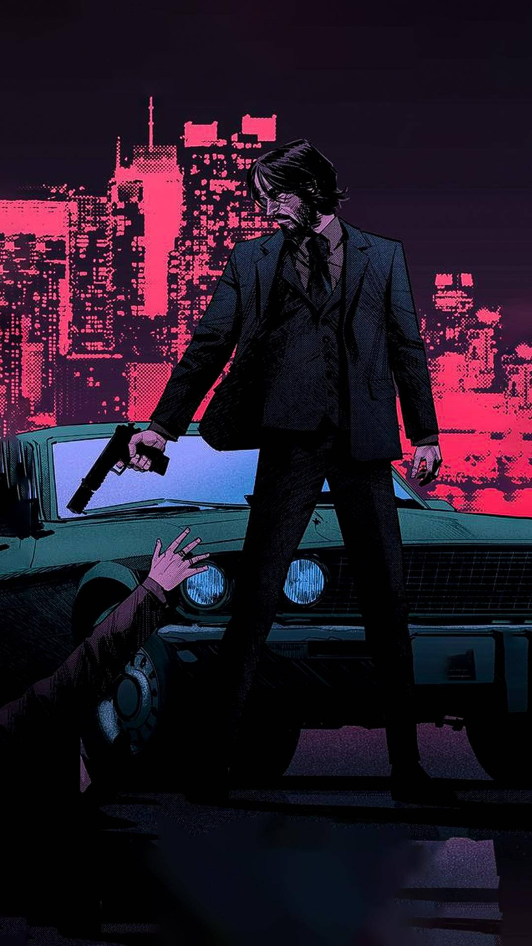John Wick 桌布 壁紙 — 一個身穿深色西裝的男人站在一輛車上，手持槍支，一隻手從下方伸出，背景是霓虹粉色的城市景觀。