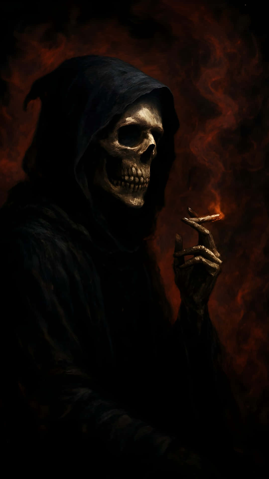 The Grim Reaper Smokes - A Hauntingly Dark Art Portrait of Death 壁紙 — 一個身穿深色連帽長袍的骷髏人物，手持點燃的香煙，背景是旋轉的火紅與黑色。
