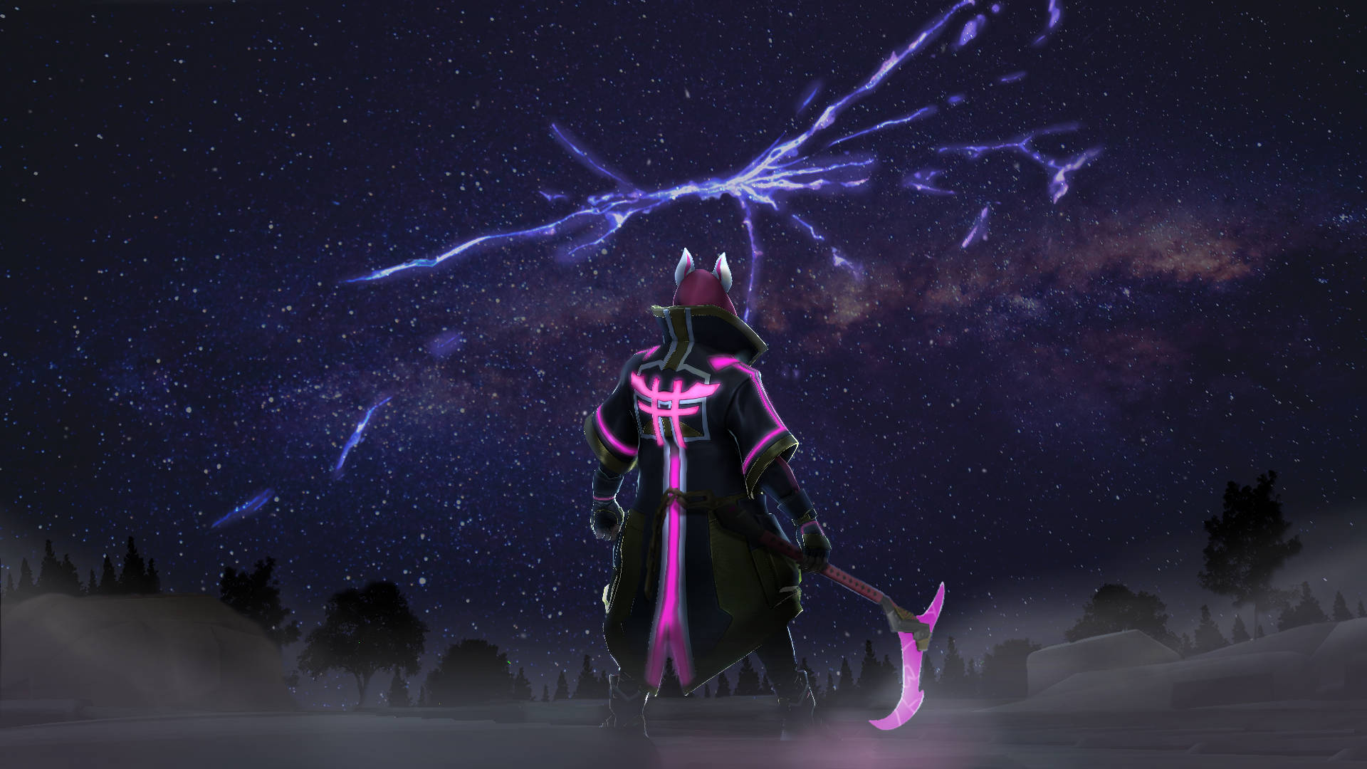 Drift 桌布 壁紙 — 一個身穿深色長袍、帶有發光粉紅色點綴的人物站在星空下，紫色閃電劃過頭頂。