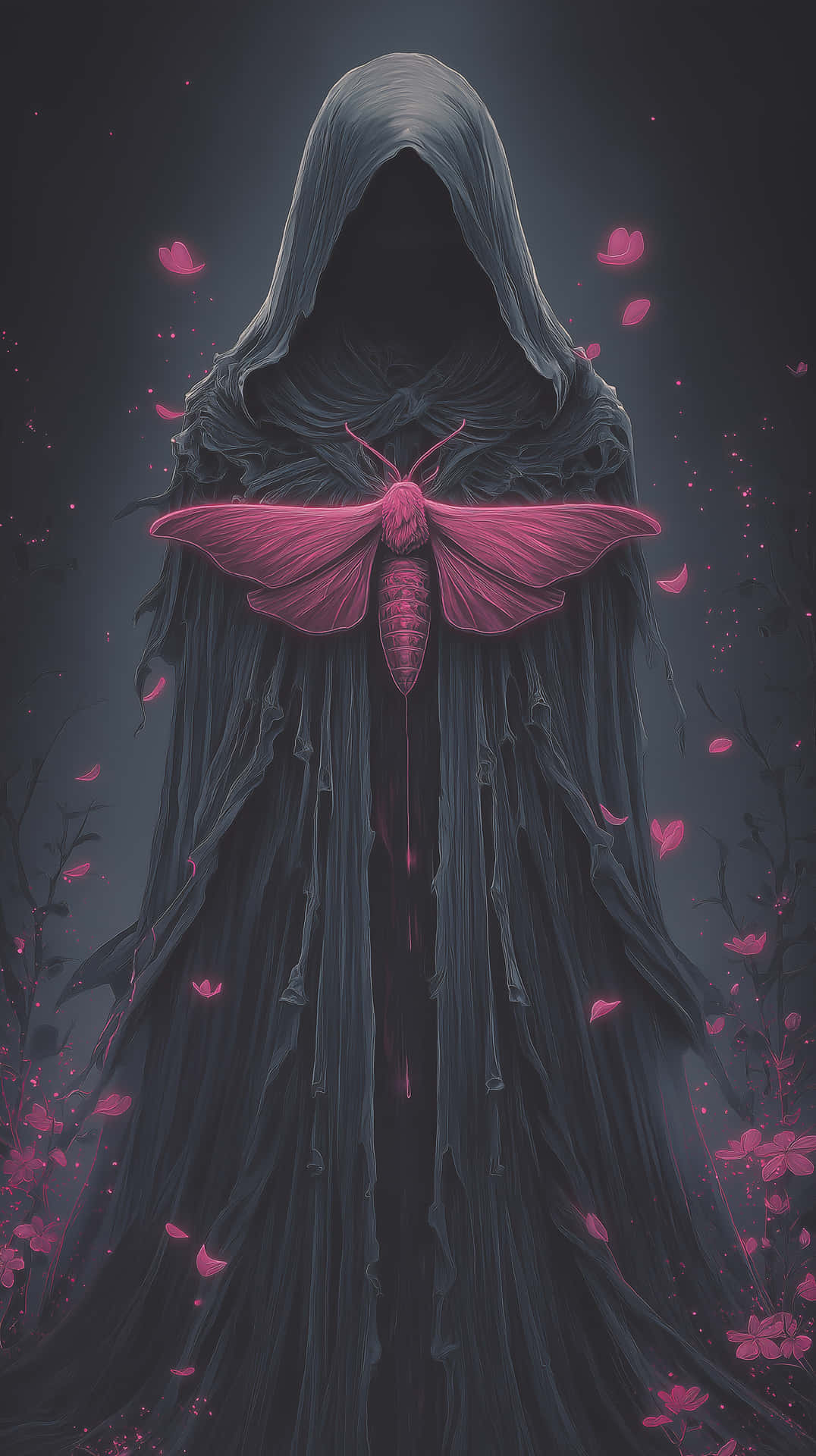 Enigmatic Hooded Figure with Vibrant Moth and Scattered Petals 壁紙 — 一個身穿深色長袍、戴著兜帽的人物，在神秘的夜晚場景中，手持一隻發光的粉紅色飛蛾，周圍有粉紅色花瓣飄落。