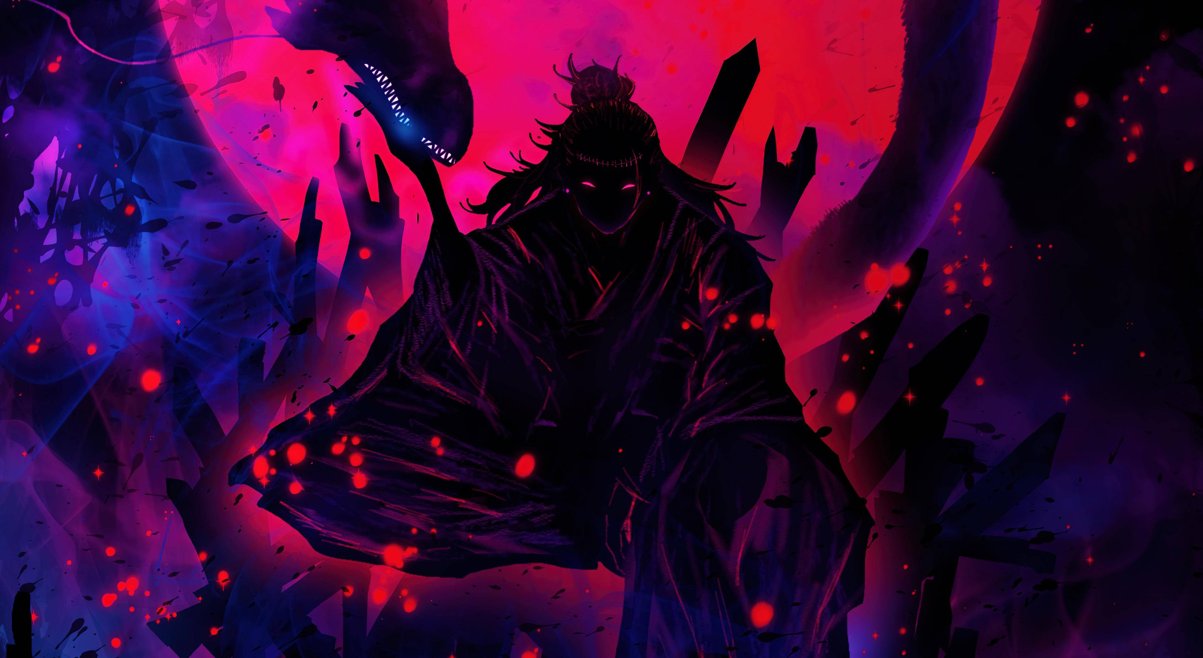 Jujutsu Kaisen Desktop 桌布 壁紙 — 一個身穿深色長袍、擁有發光紅眼的動漫戰士，在充滿漂浮粒子的鮮豔紫色和紅色宇宙背景下，挑釁地站立著。
