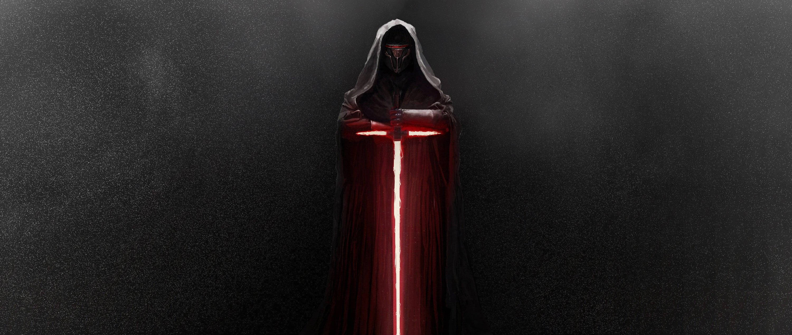 Revan 桌布 壁紙 — 一個身穿深色長袍的兜帽人物，在煙霧瀰漫的黑色背景前握著一把發光的紅色光劍。