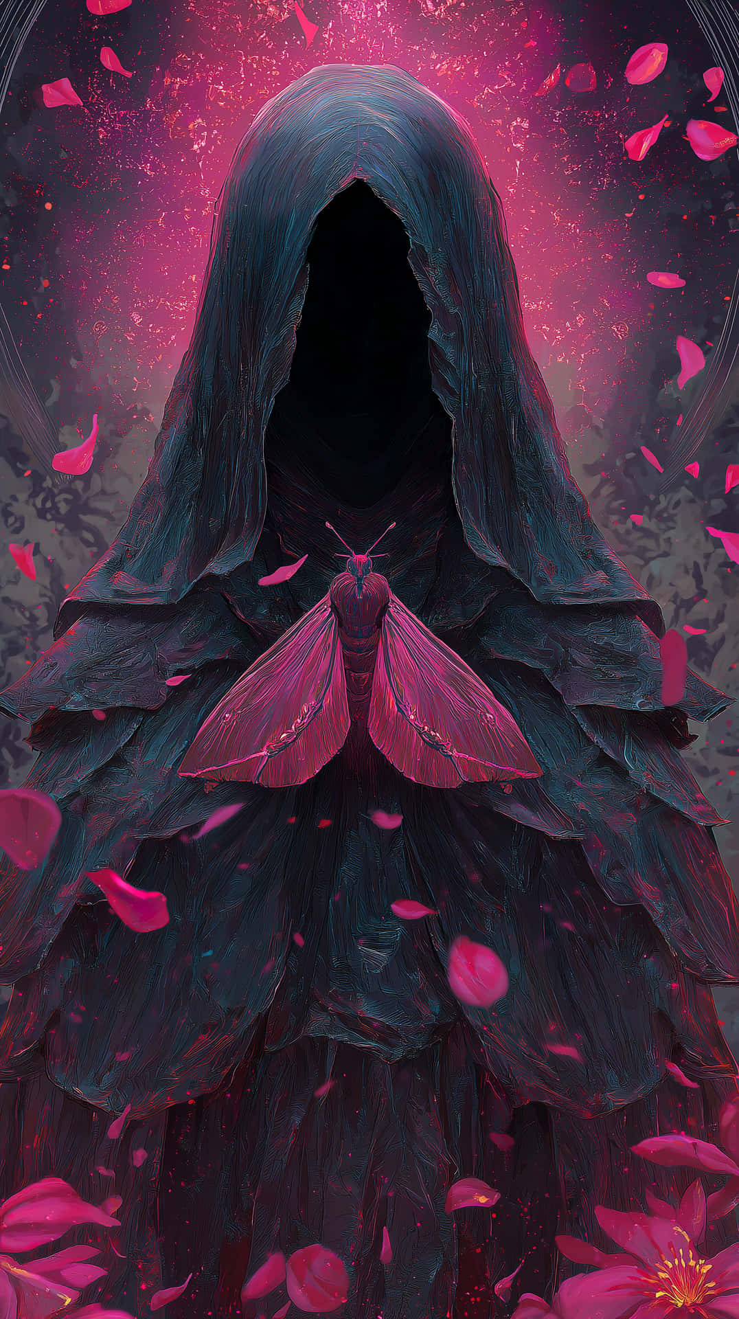 Enigmatic Hooded Figure with Vibrant Moth and Scattered Petals 壁紙 — 一個身穿深色長袍的兜帽人物站在飄落的粉紅色花瓣中，胸前有一隻大飛蛾，背景是發光的粉紅色宇宙。