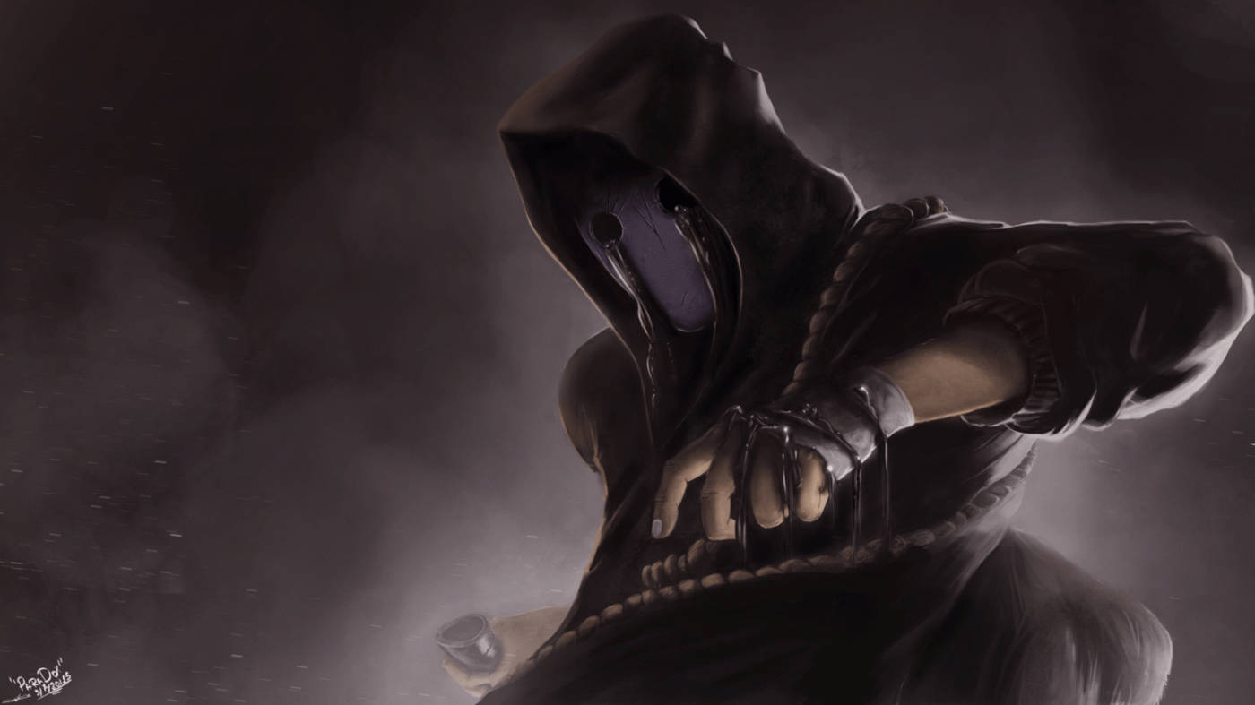 Eyeless Jack 桌布 壁紙 — 一個身穿深色長袍的戴帽人物，在昏暗燈光下，於旋轉迷霧中手持發光紫色球體。