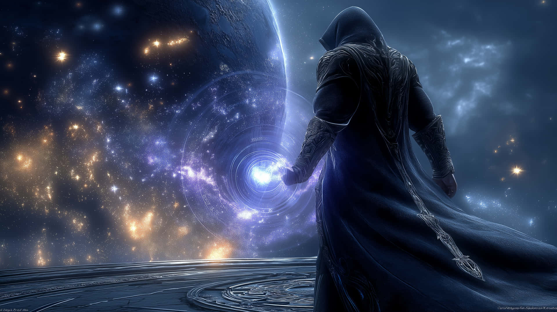 Cosmic Sorcerer Unleashing Power Under a Starry Sky 壁紙 — 一個身穿深色長袍的戴帽人物站在圓形平台上，伸手觸向一個發光的宇宙漩渦，背景是繁星點點的星系和行星。