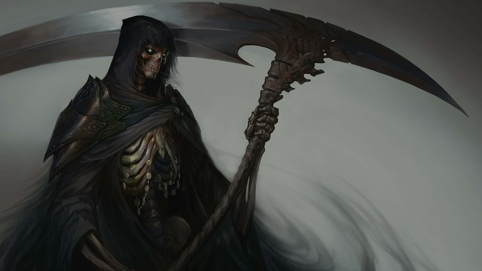 死神動圖 桌布 壁紙 — 一個身穿深色長袍的骷髏死神，在柔和的灰色背景下揮舞著一把巨大的鐮刀。