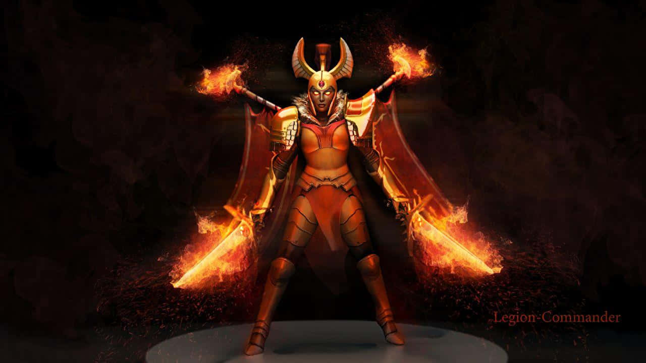 Legion Commander 桌布 壁紙 — 一個身穿火焰鎧甲、頭戴角盔的戰士，在黑暗煙霧繚繞的背景中揮舞著燃燒的劍。