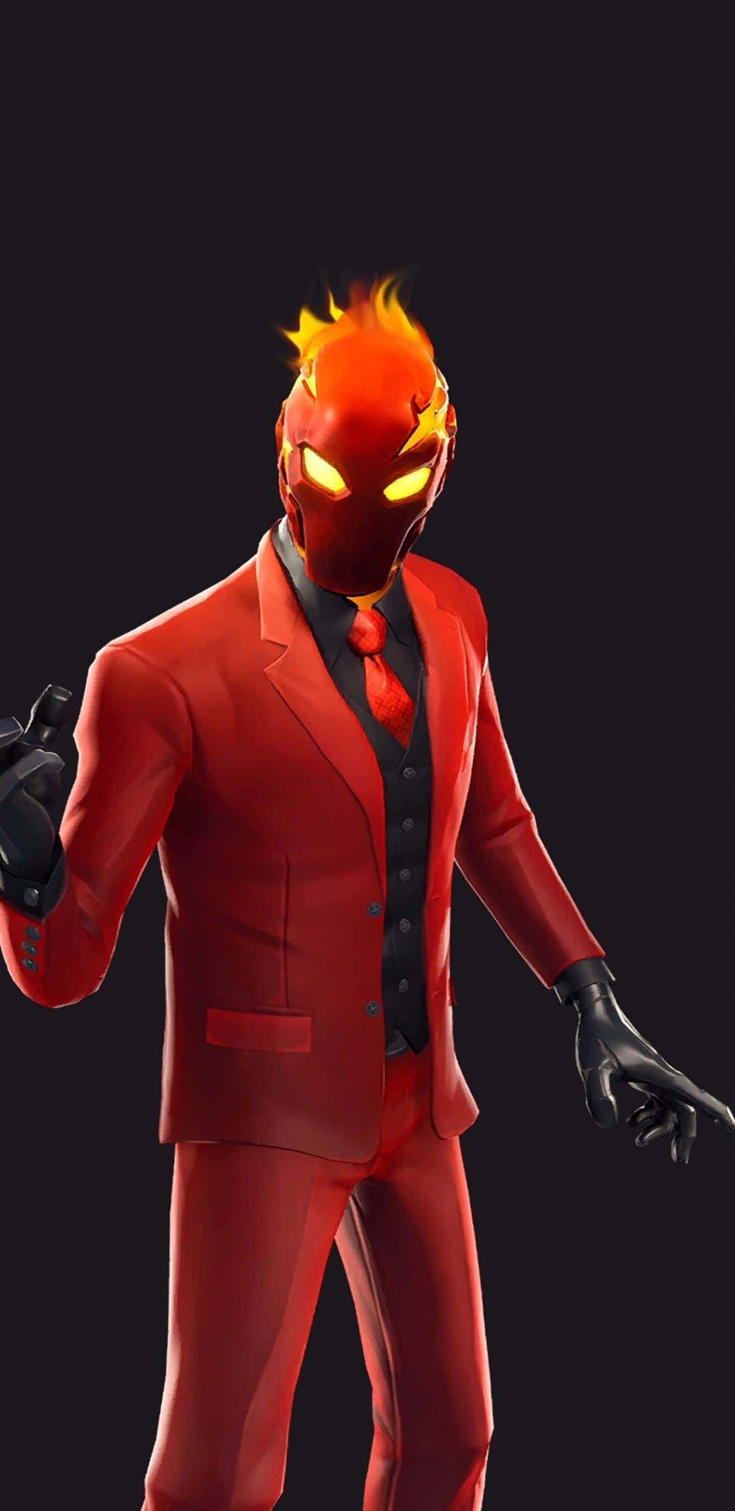 Fortnite 桌布 壁紙 — 一個身穿火紅西裝、眼睛發光、頭髮如火焰的角色，自信地站在黑暗背景前。