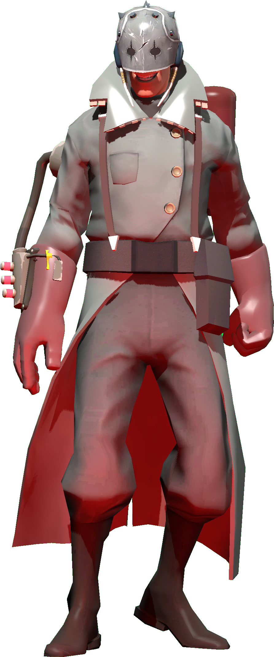 Tf2 桌布 壁紙 — 一個身穿灰色制服和頭盔、披著紅色斗篷的風格化士兵站在黑色背景前。