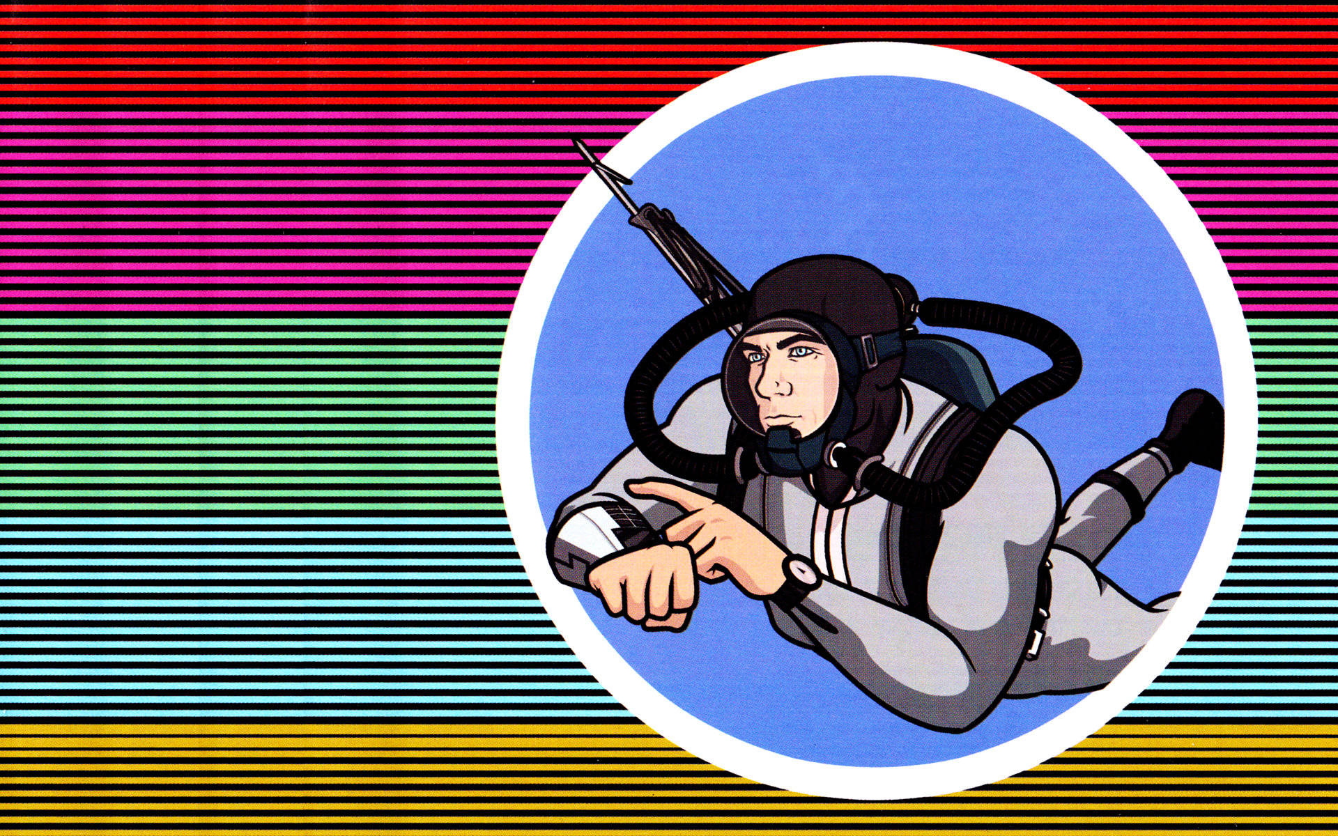 archer 桌布 壁紙 — 一個身穿灰色潛水衣和黑色頭盔的風格化潛水員，在充滿活力的條紋背景前指向前方。