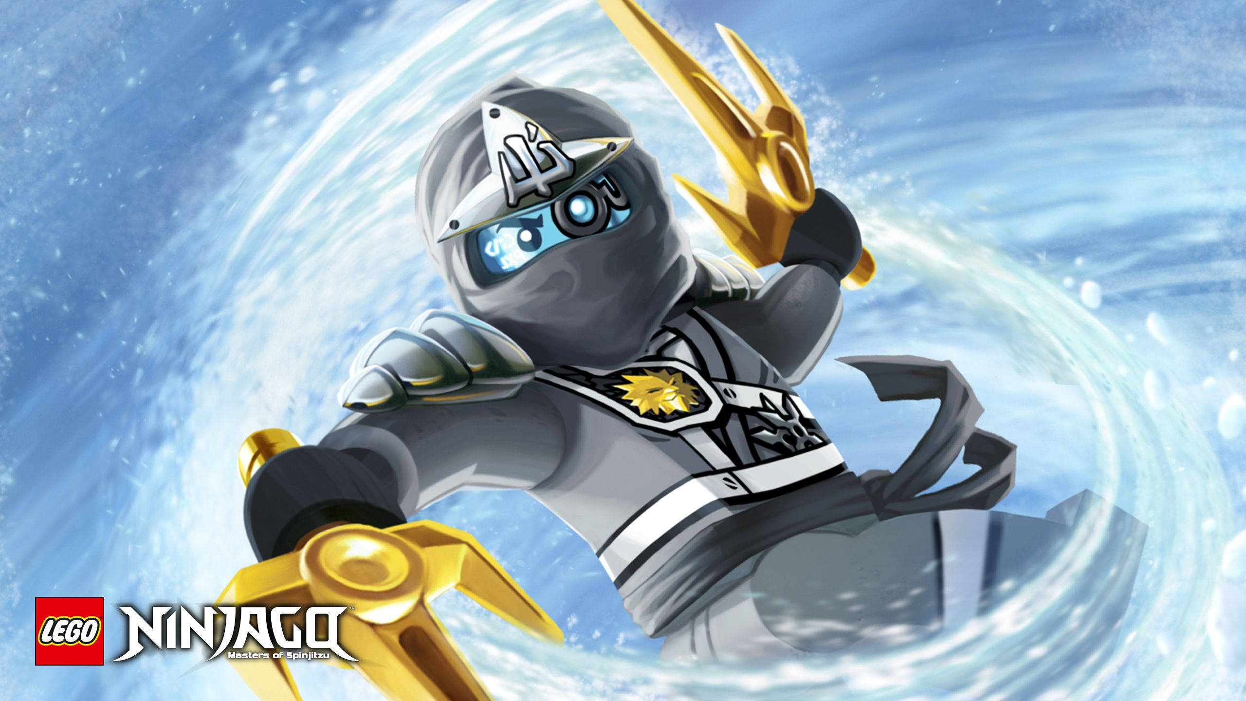 Ninjago 桌布 壁紙 — 一個身穿灰色盔甲的LEGO旋風忍者忍者，在旋轉的藍色能量漩渦中揮舞金色武器。