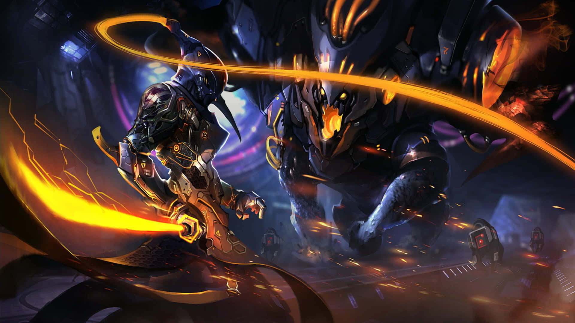 Best League Of Legends 桌布 壁紙 — 一個身穿發光盔甲的未來戰士在一個火光四射、霓虹燈閃爍的戰鬥競技場中與一隻巨大的機械野獸交鋒。