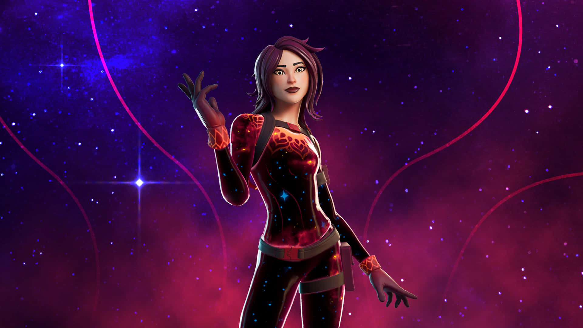 Fortnite 桌布 壁紙 — 一個身穿發光紅黑色套裝的女性角色，自信地站在充滿活力的紫色和粉紅色星空宇宙背景前，伴隨著旋轉的能量線條。