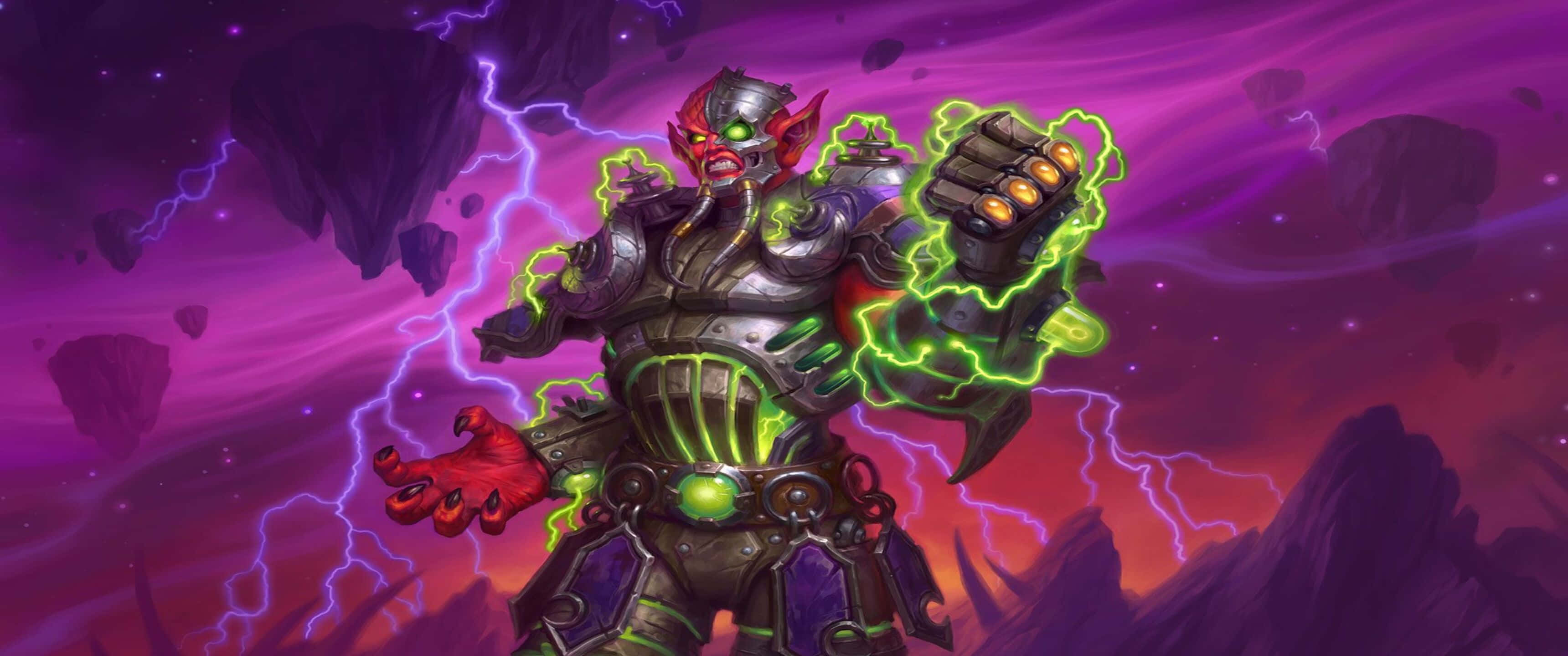 3440x1440p Hearthstone 桌布 壁紙 — 一個身穿發光綠色盔甲的惡魔軍閥在紫色暴風雨天空下，於漂浮的鋸齒岩石間引導閃電。