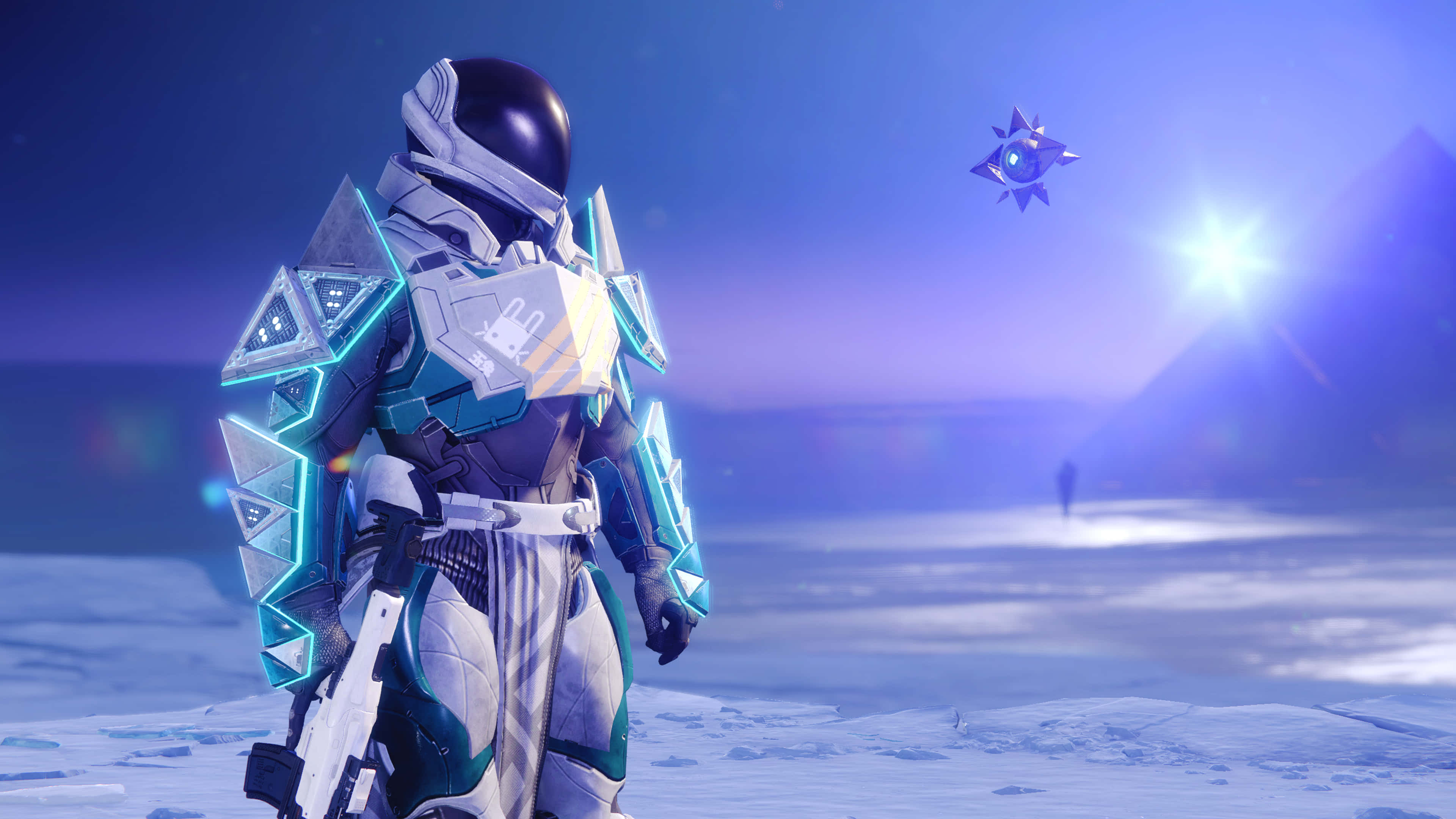Titan Destiny 2 4K 桌布 壁紙 — 一個身穿發光藍色盔甲的未來太空人站在一個被雪覆蓋的外星行星上，頭頂有一顆明亮的星星，附近有一艘漂浮的星艦。
