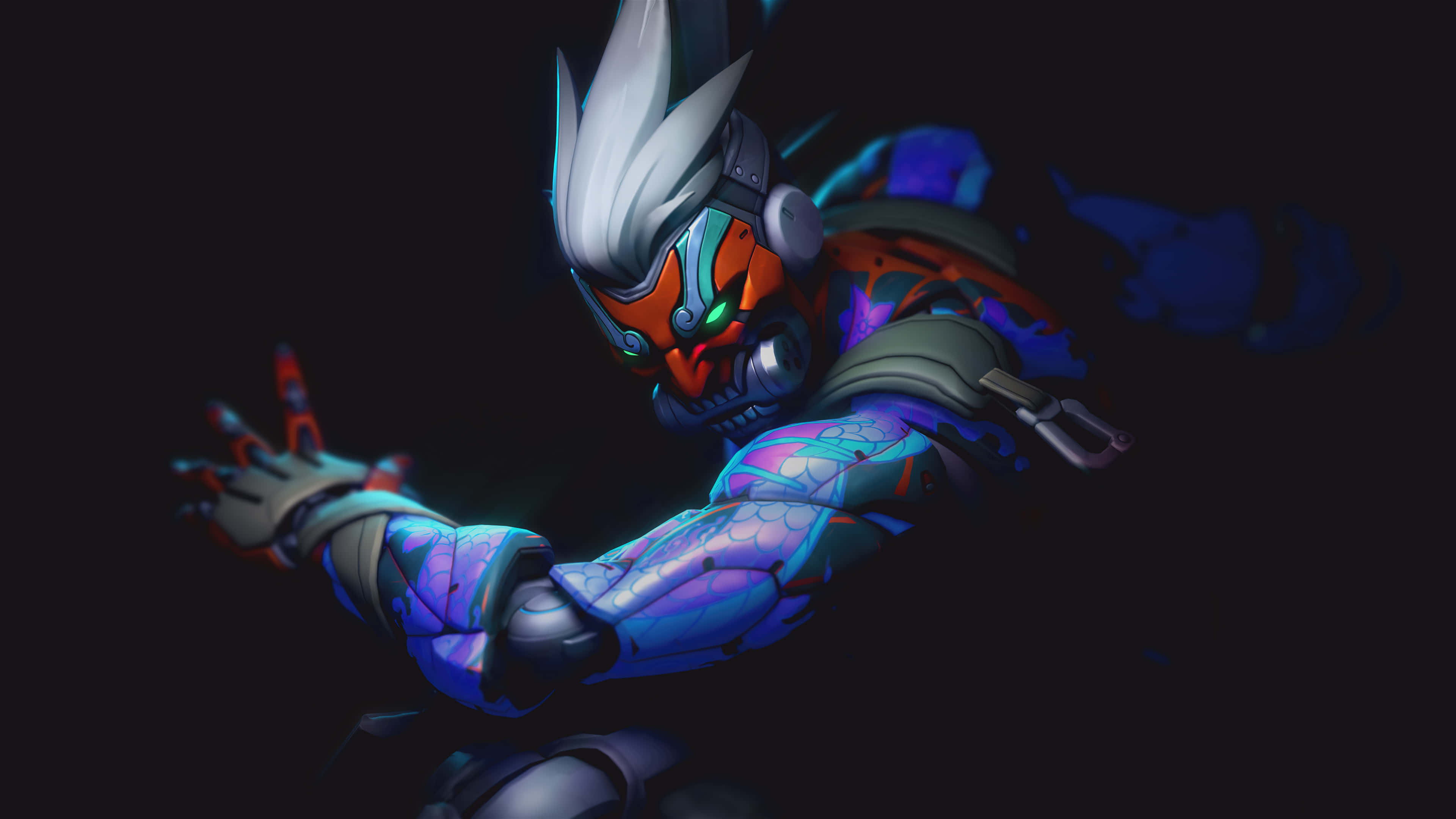 Overwatch Heroes 桌布 壁紙 — 一個身穿發光藍色盔甲的賽博龐克忍者，在黑暗背景下，雙眼發出綠色光芒，向前猛衝。